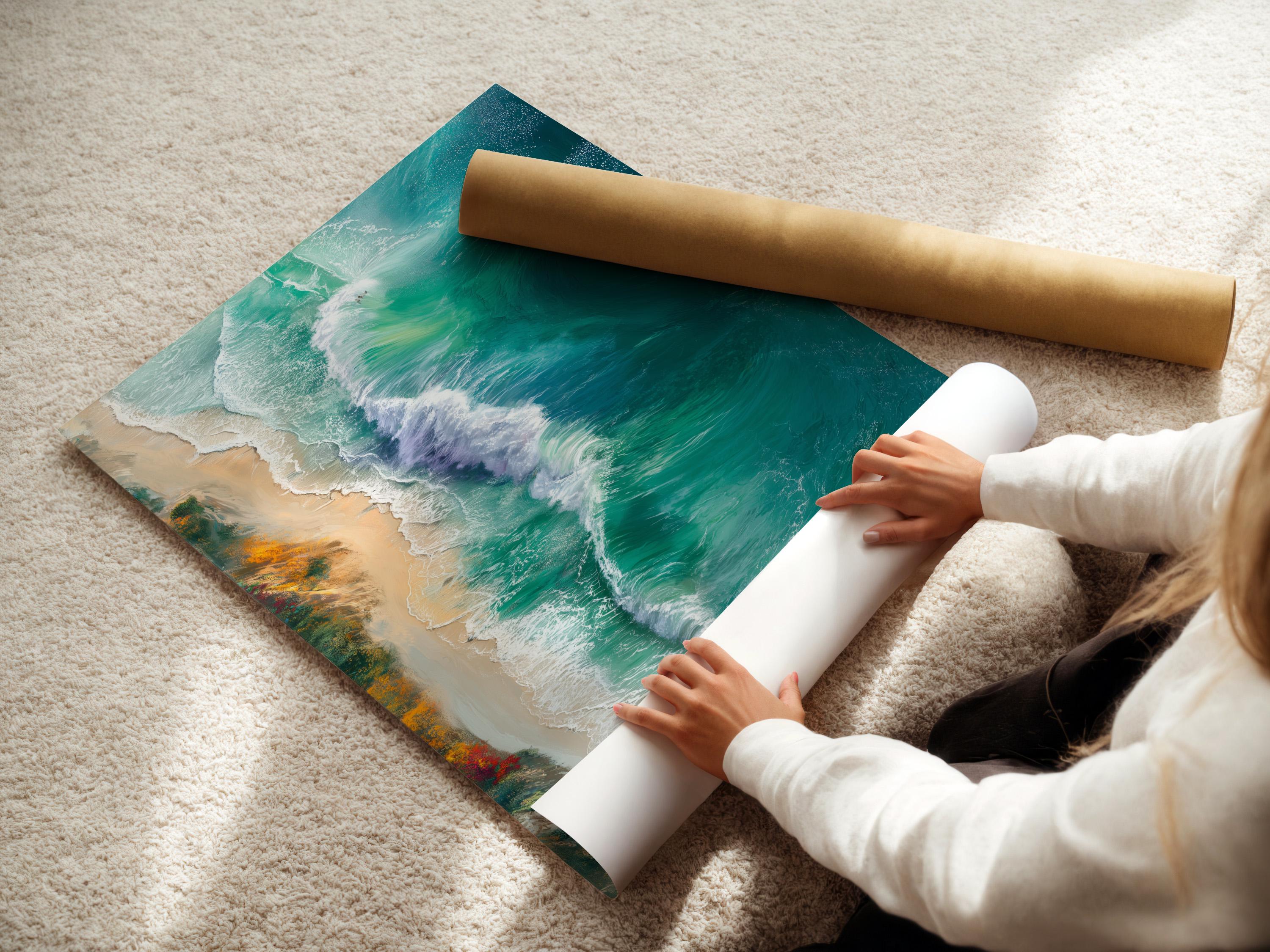 Room mockup showing framed ocean waves artwork in teal and turquoise tones