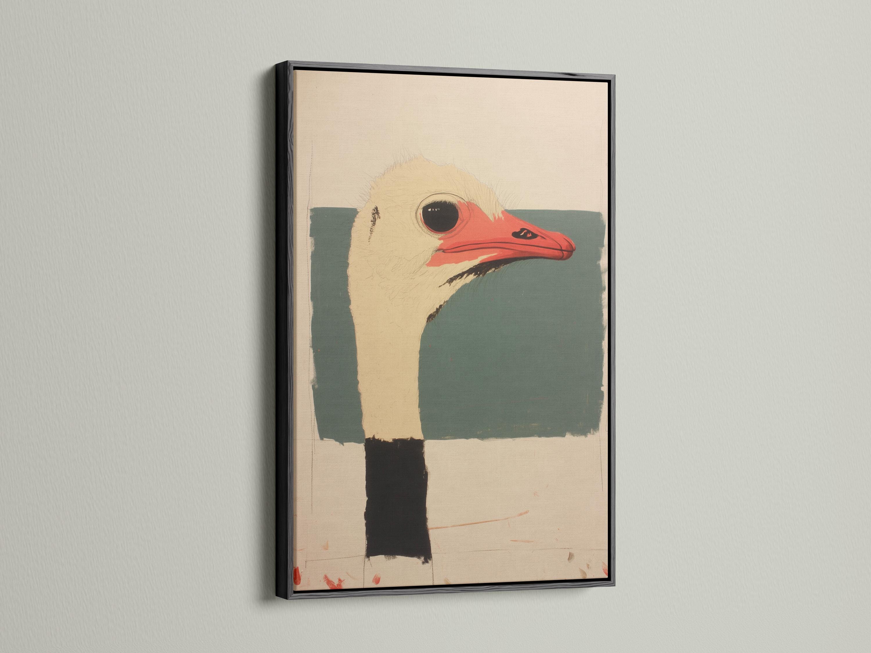 Stylised ostrich head portrait with red beak, dark eye, beige and teal shapes detail view