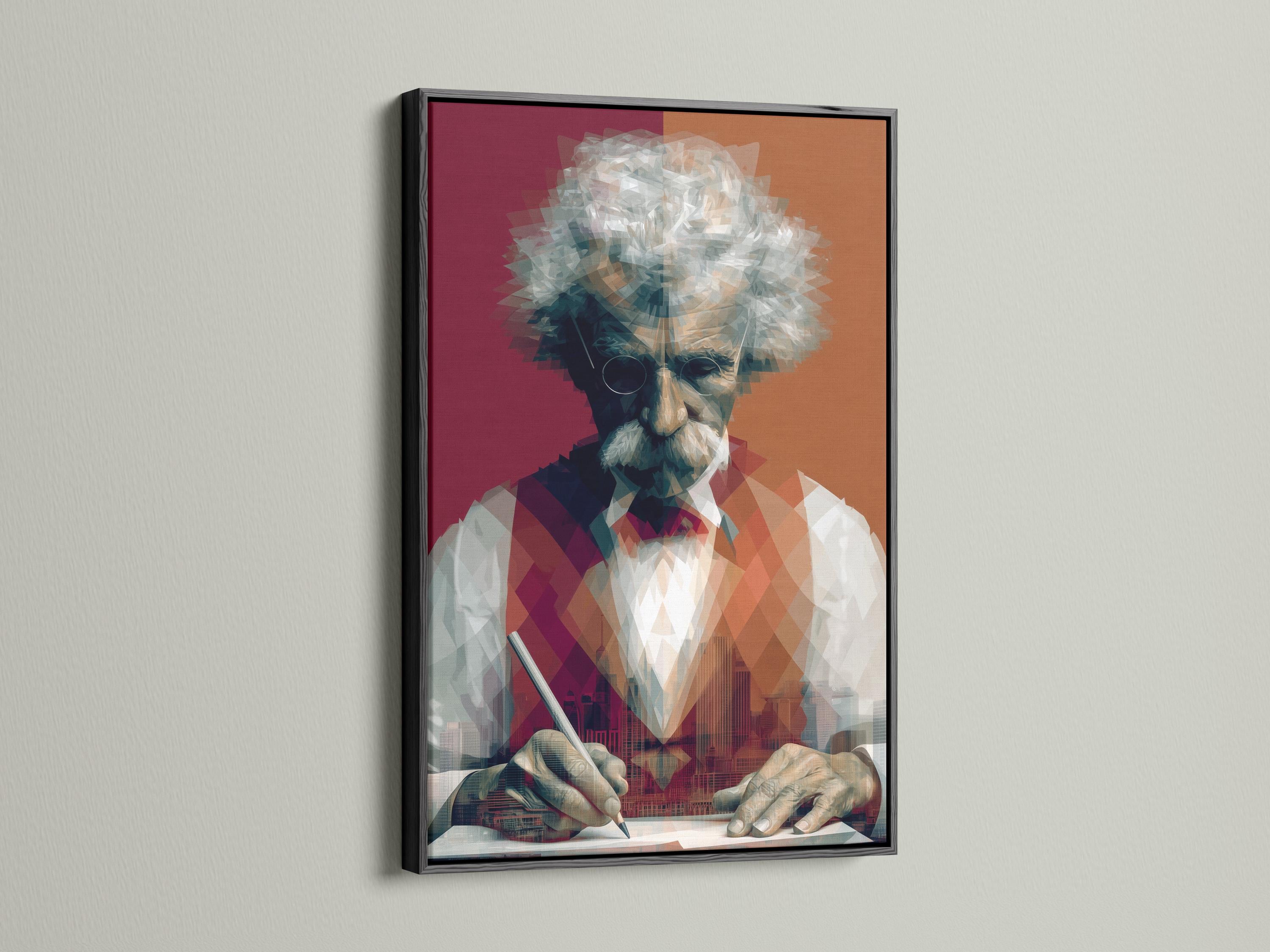Geometric portrait of a writer in a hat and glasses holding a pen over a desk detail view