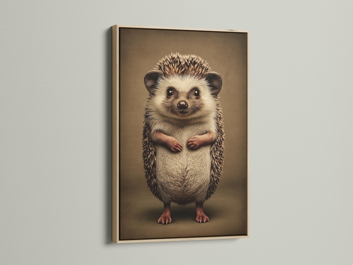 A beady-eyed hedgehog illustration sits centred on a warm brown background, with cream and darker brown fur texture and subtle red-brown paw accents
