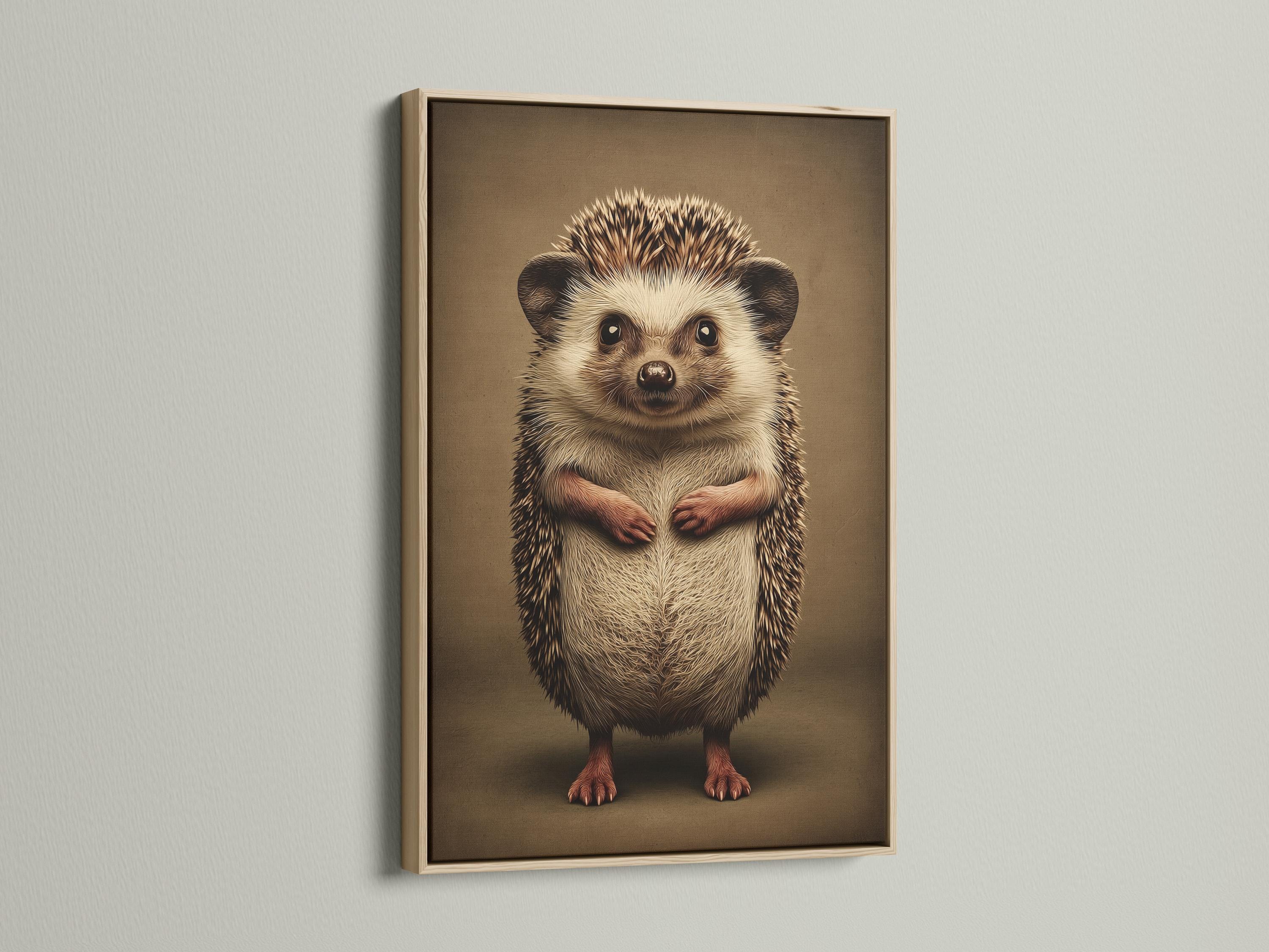 A beady-eyed hedgehog illustration sits centred on a warm brown background, with cream and darker brown fur texture and subtle red-brown paw accents