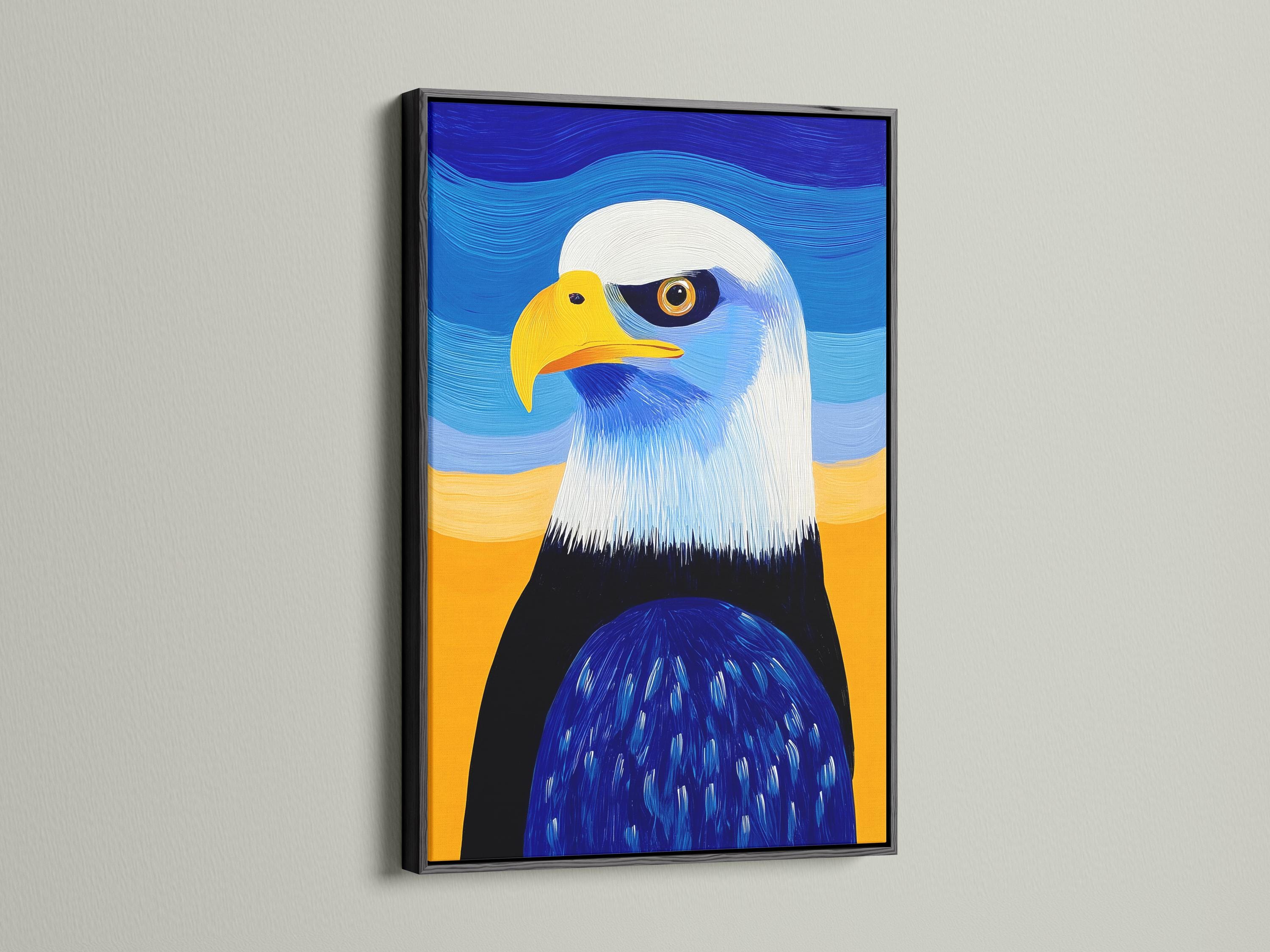 Room mockup showing framed bald eagle artwork on a wall