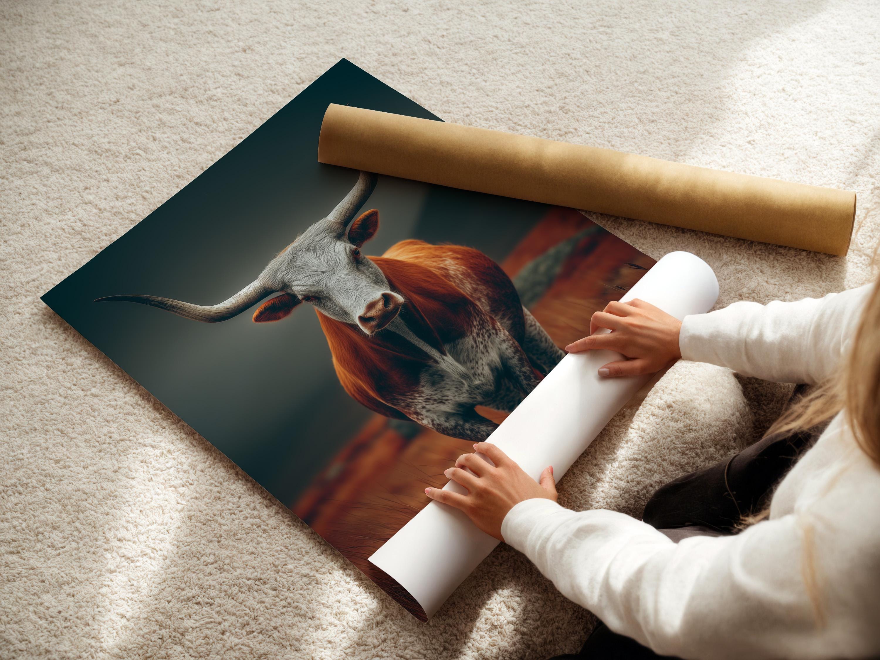 Longhorn cow artwork displayed in a framed mockup with teal and rust tones