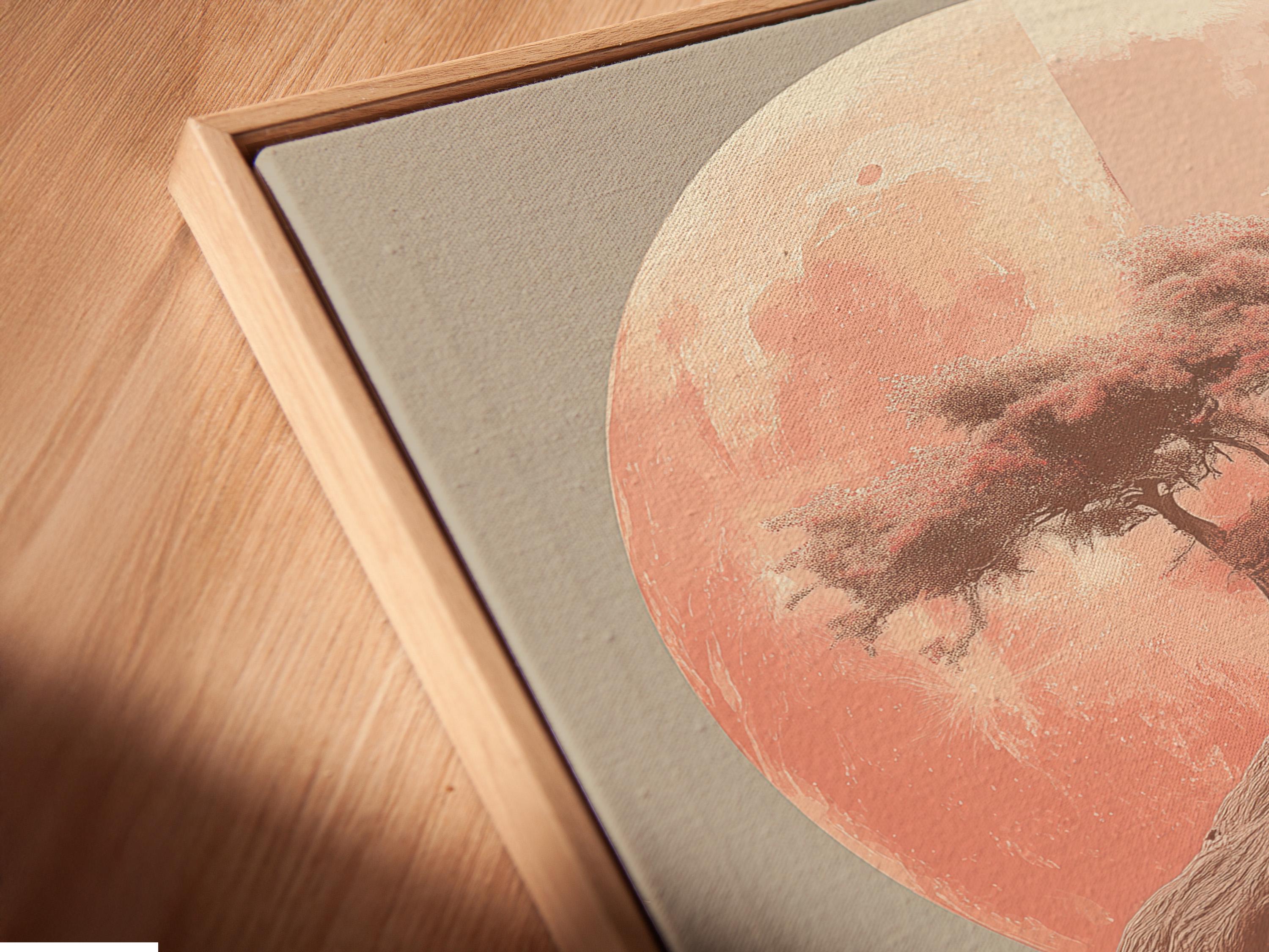 Coral pink moonlit tree with a robed figure and birds in flight detail view