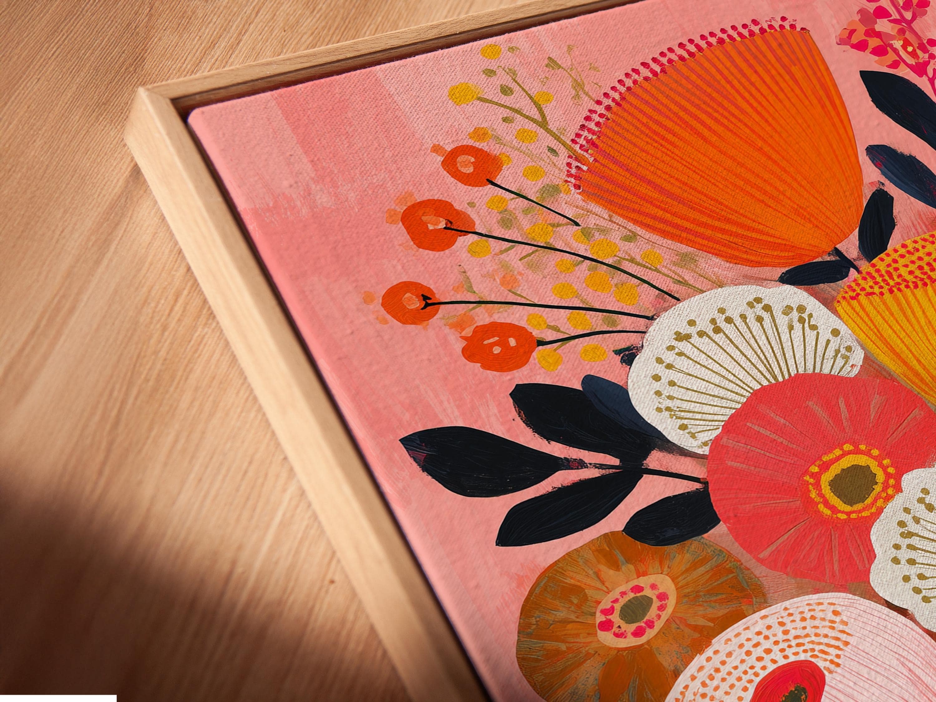 Floral bouquet artwork with pink, orange and cream flowers in a blue vase detail view
