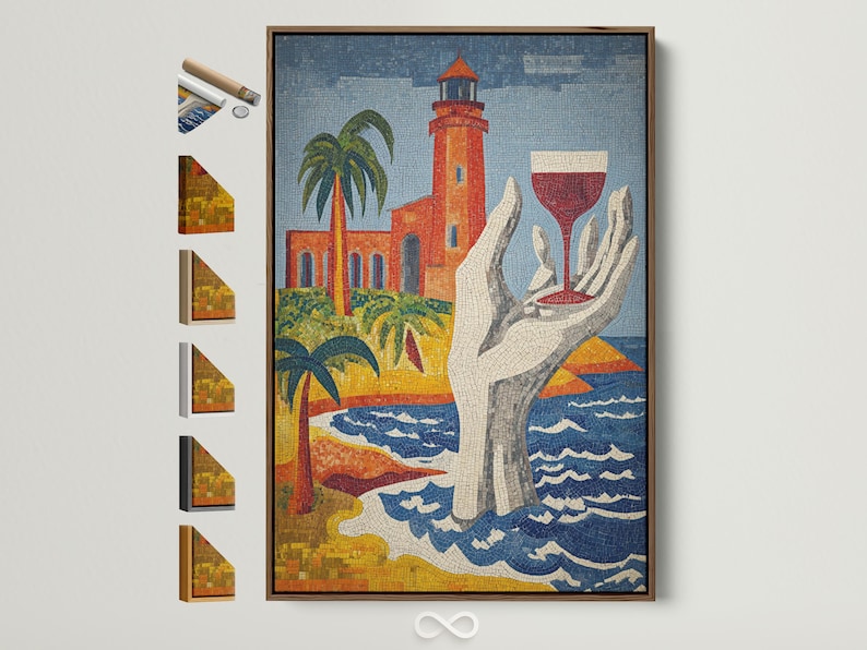 Mosaic lighthouse artwork with palm trees, a lifebuoy and blue wavy sea patterns