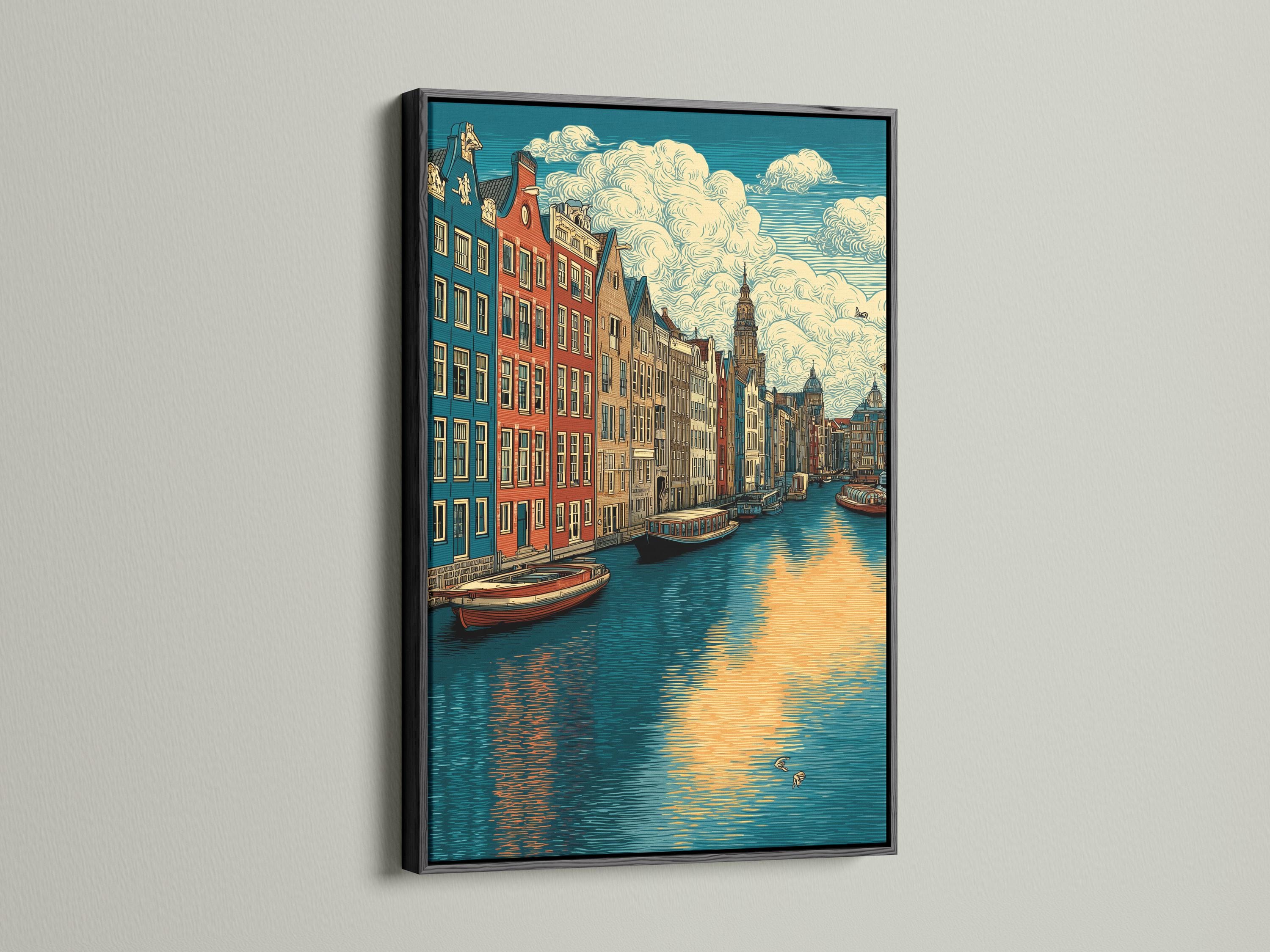 Vintage illustration of an Amsterdam canal cityscape with colourful buildings, boats, and warm sunset reflections detail view