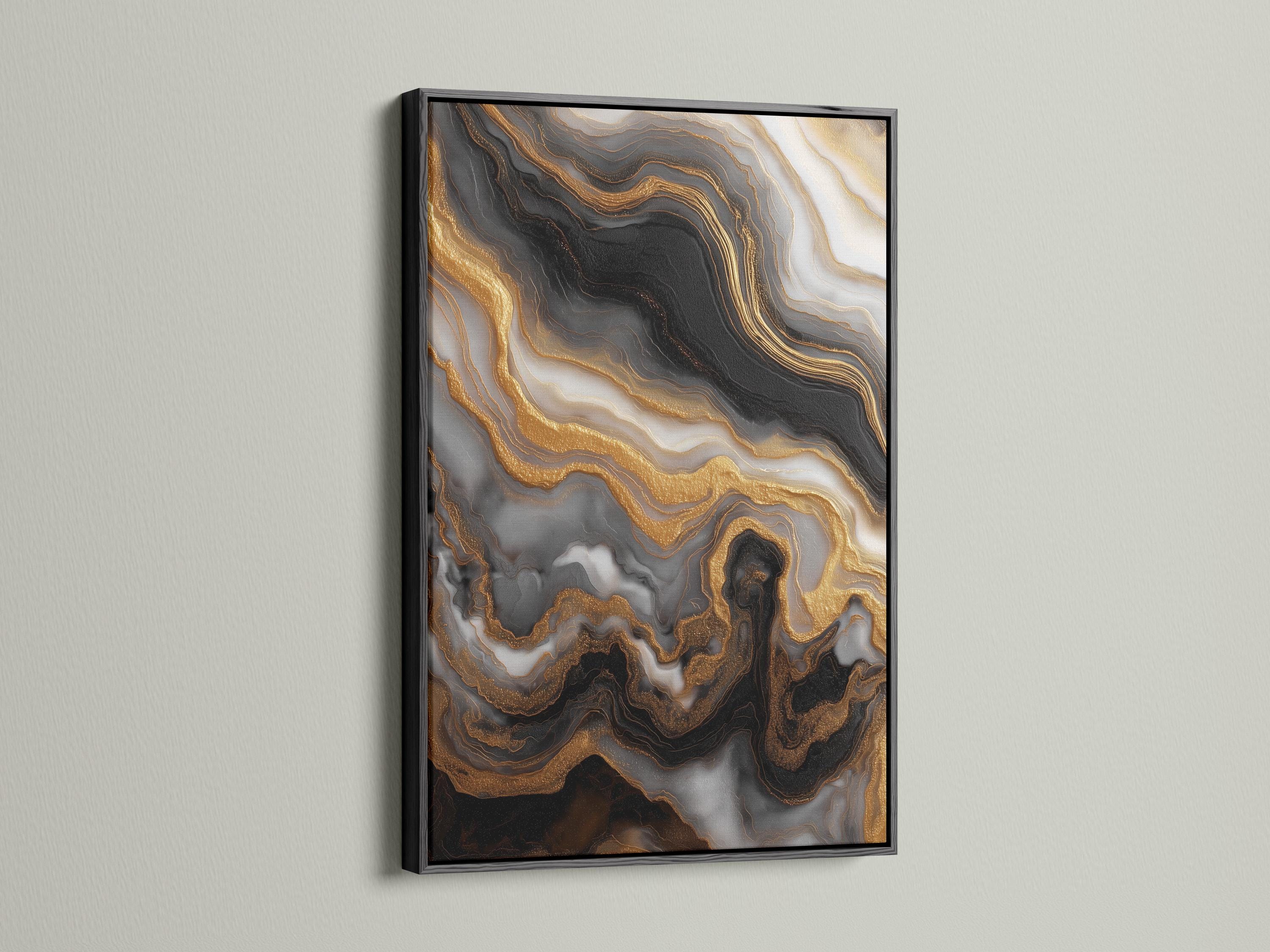 Abstract marble-like design with black and grey swirls and gold vein lines detail view