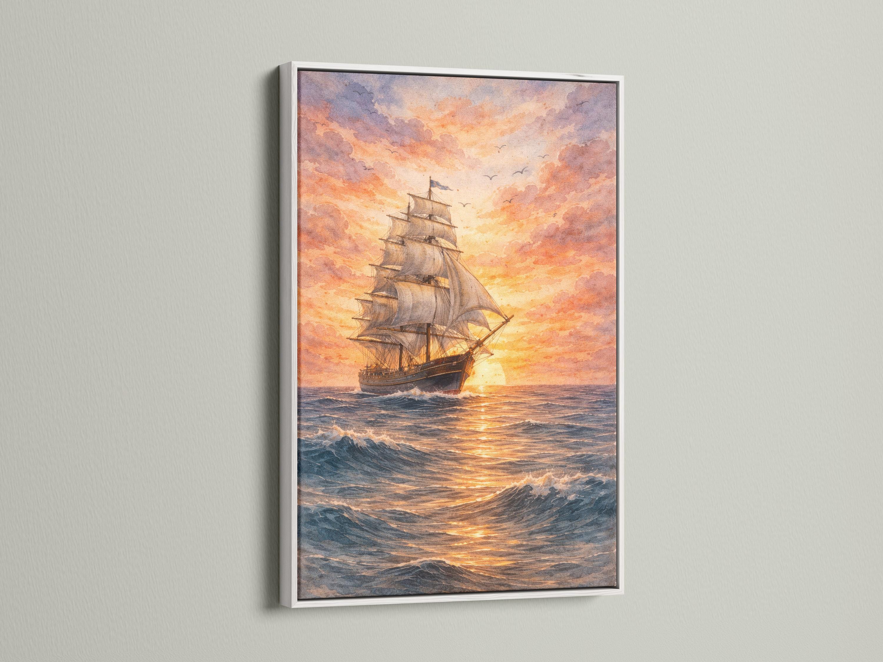 A sailboat cruises through choppy blue waves beneath a glowing orange sunset sky, with scattered clouds and small birds flying overhead detail view