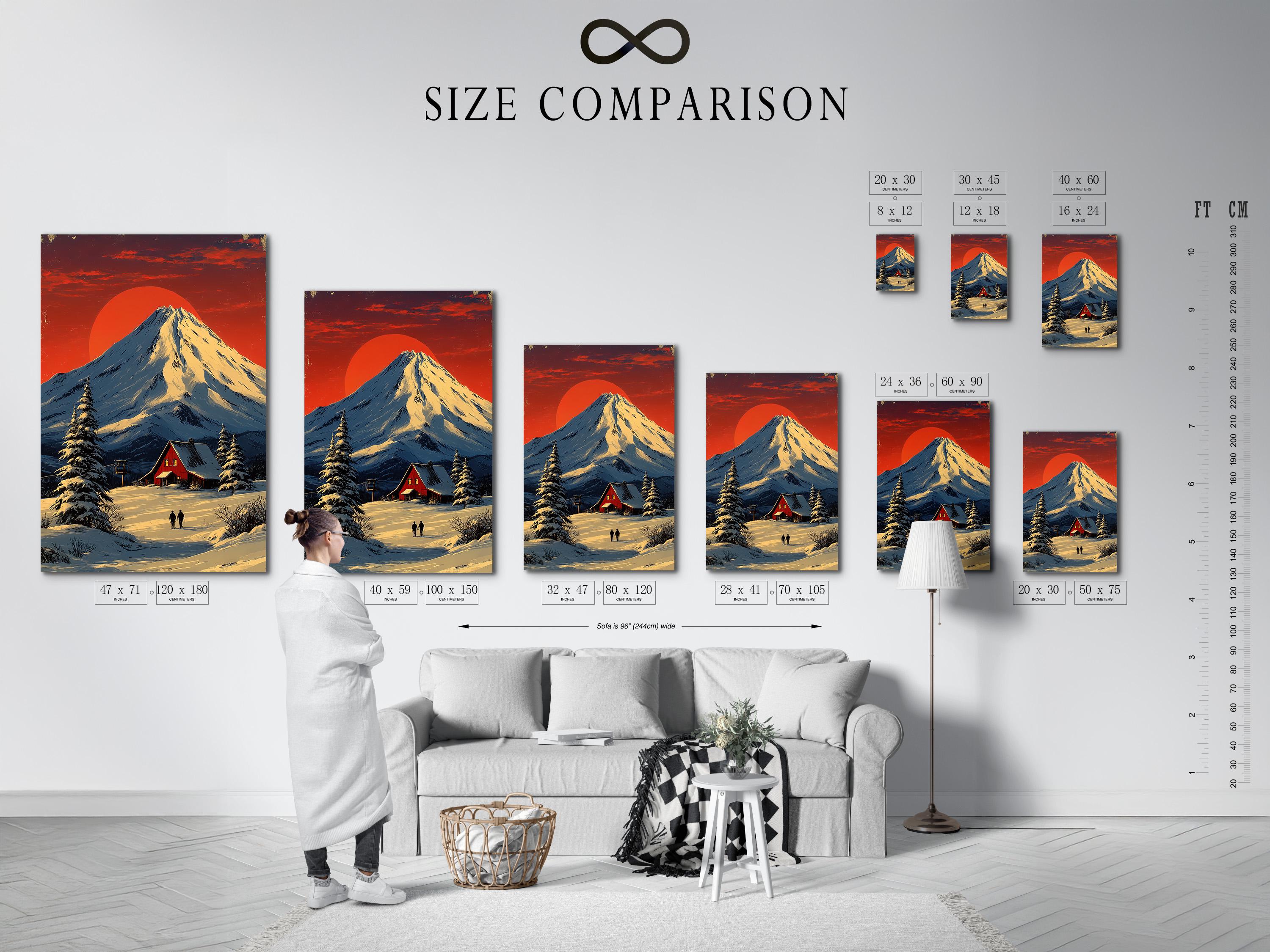 Illustrated winter mountain landscape with a snowy peak, red cabin, pine trees and two silhouettes walking detail view