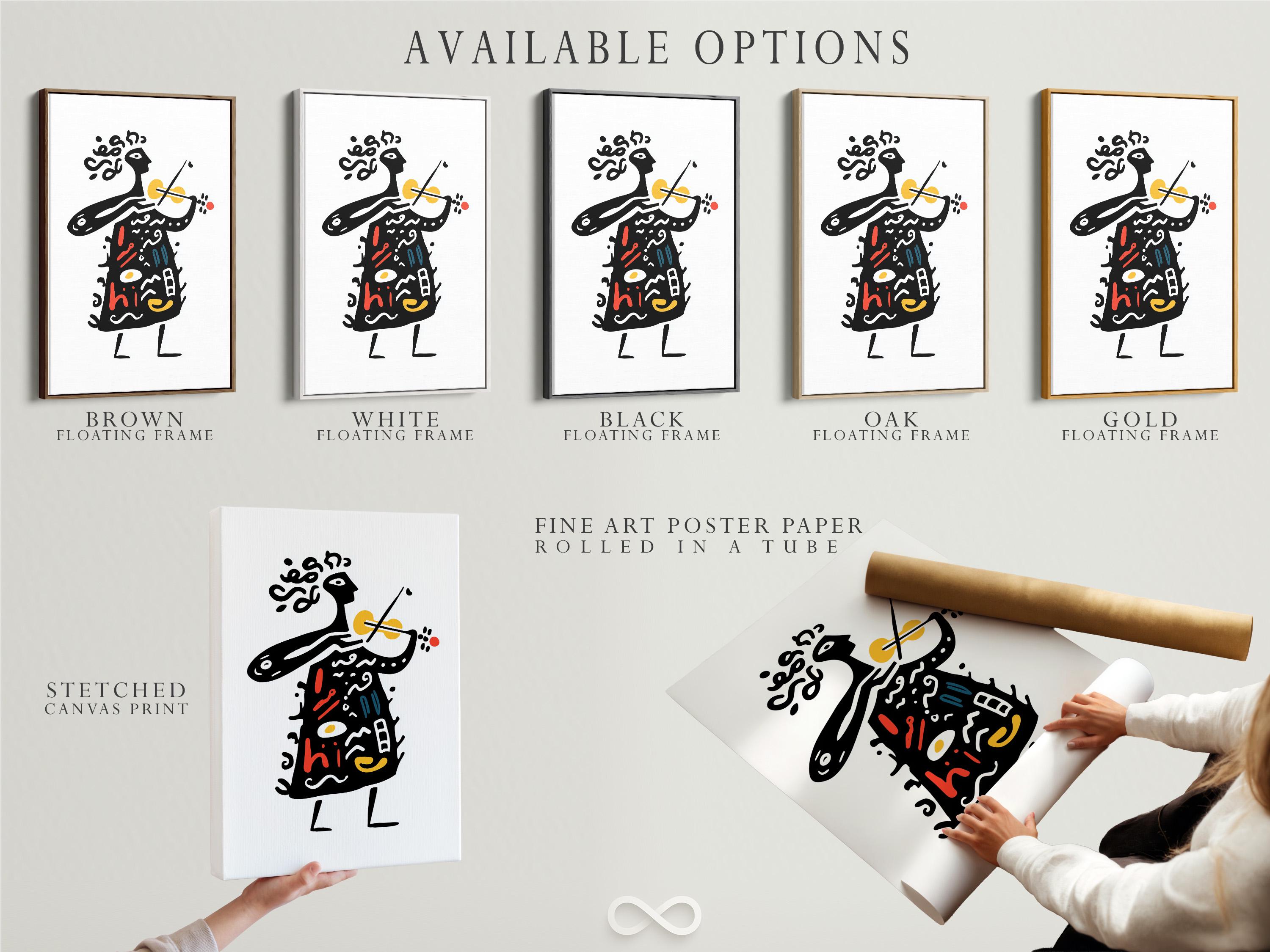 Room mockup showing a framed abstract musician illustration with trumpet, red and yellow accents on a white background