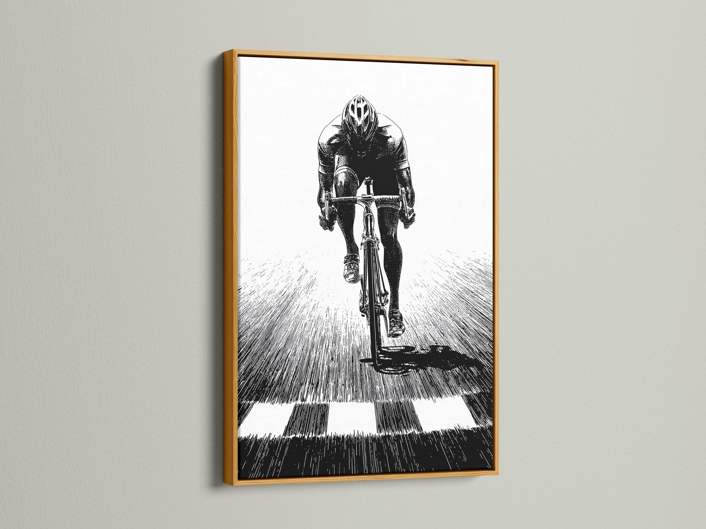 Room mockup showing a framed monochrome cyclist illustration on a light wall