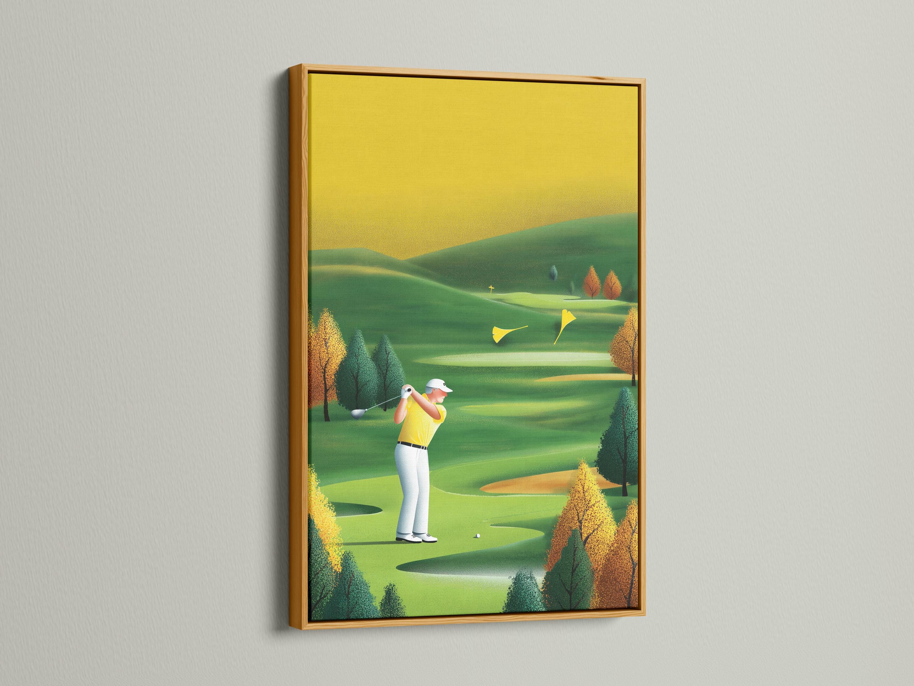A stylised golf course scene with a golfer mid-swing and rolling green fairways detail view