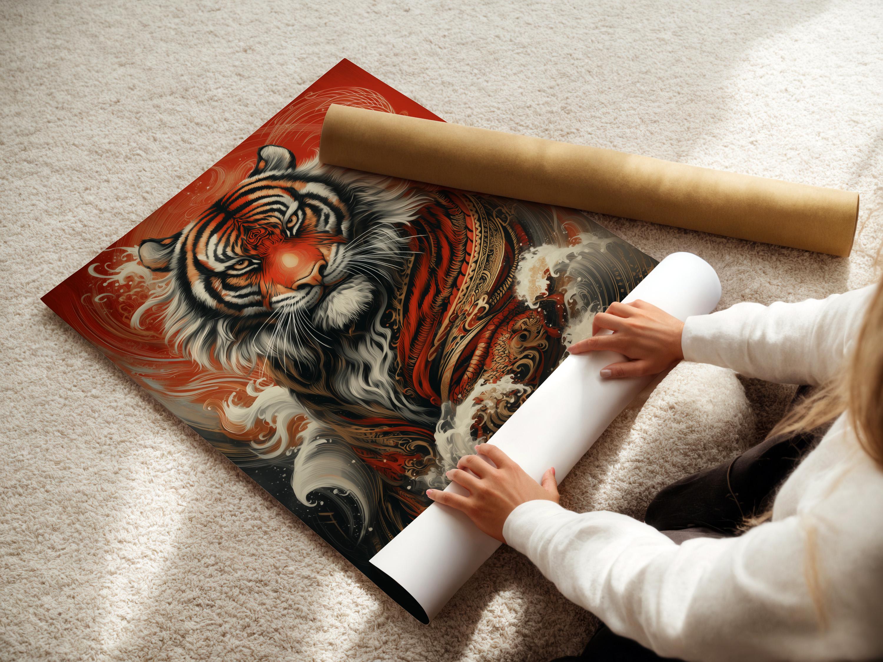 Tiger portrait artwork with red background, swirling wave designs, and gold and white highlights detail view