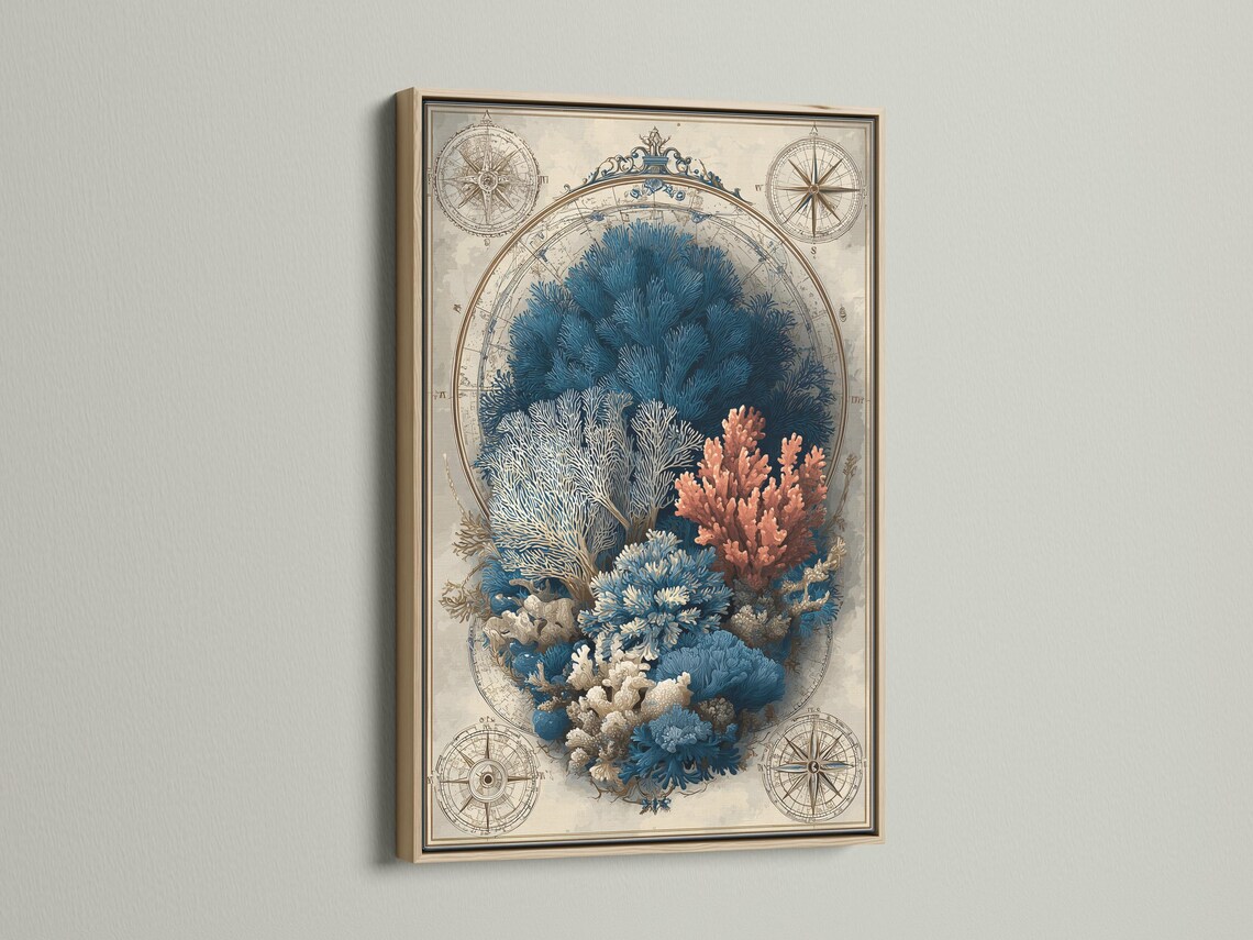 Room mockup showing a framed nautical map illustration featuring a coral reef and compass roses