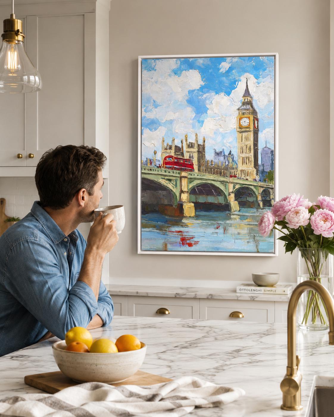 Room mockup with a framed blue cityscape artwork above a wooden sideboard and dining table