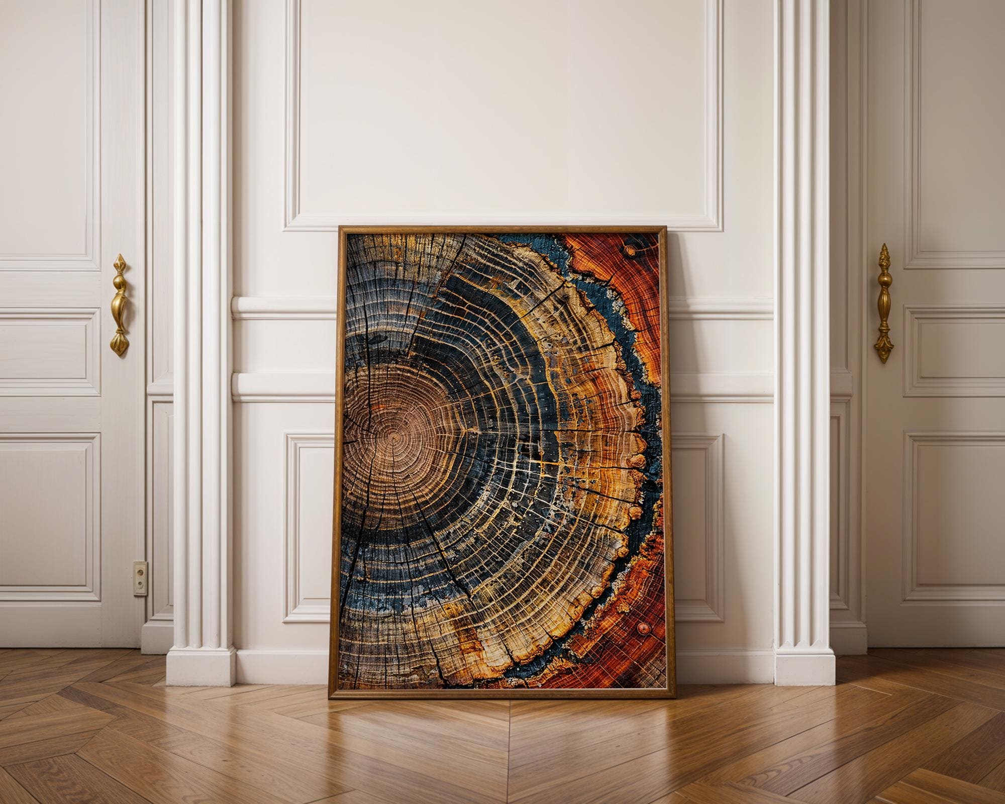 Bedroom mockup showing two framed tree ring artworks above a bed