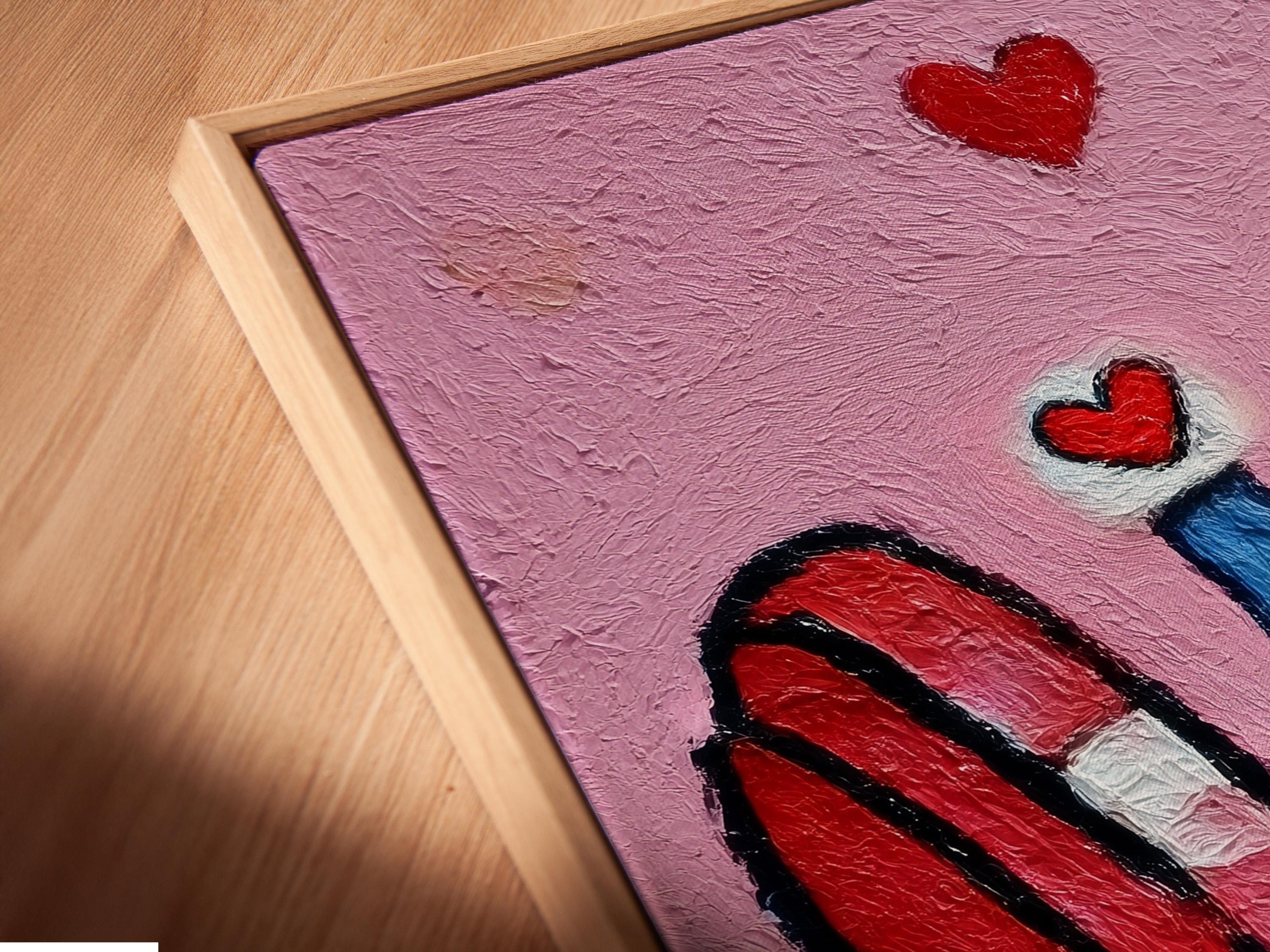 Room mockup showing a pink framed fitness artwork with a weightlifter holding a bar and red hearts