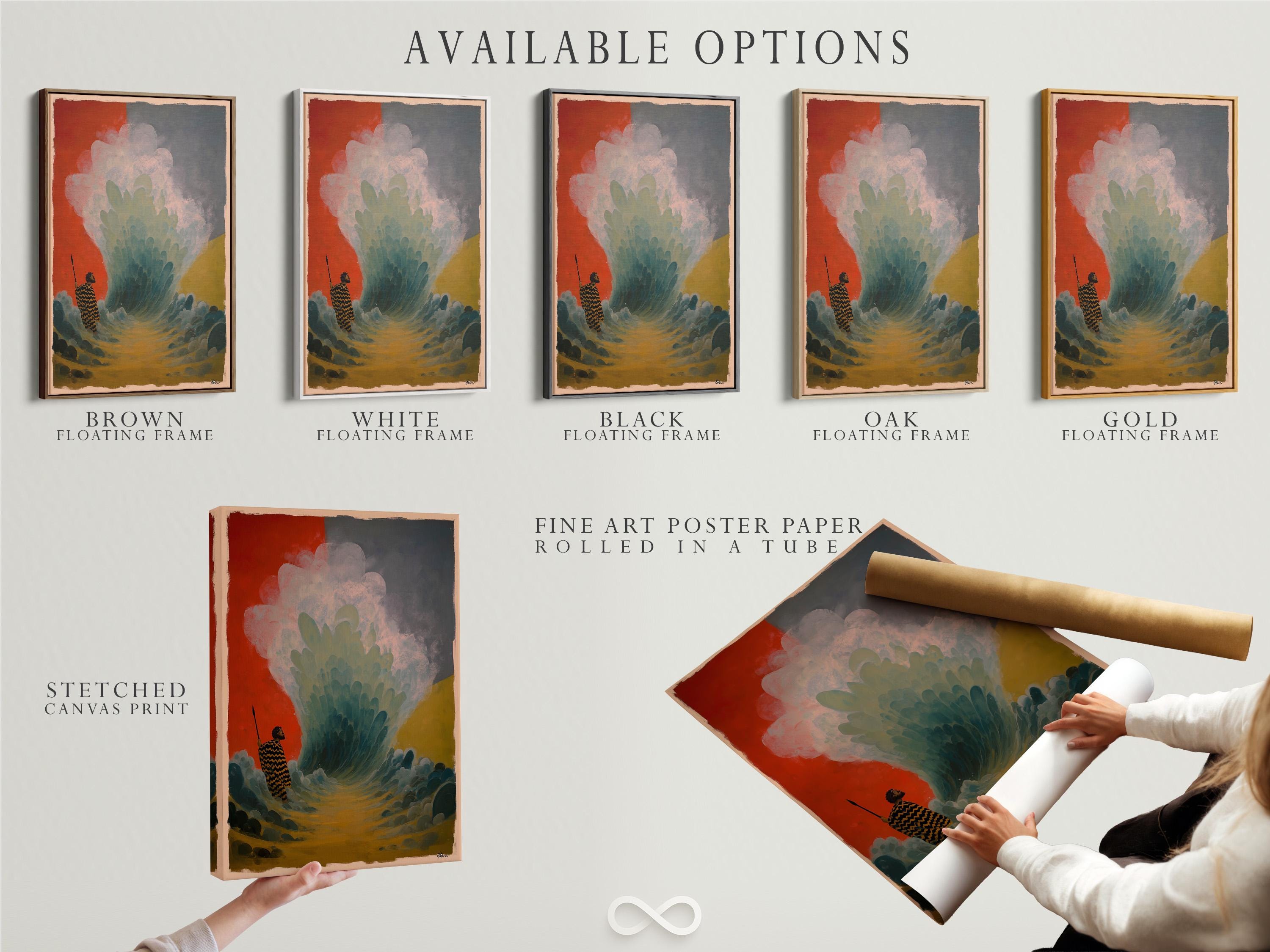 Room mockup with a portrait framed artwork featuring a patterned figure holding a staff in teal and terracotta tones