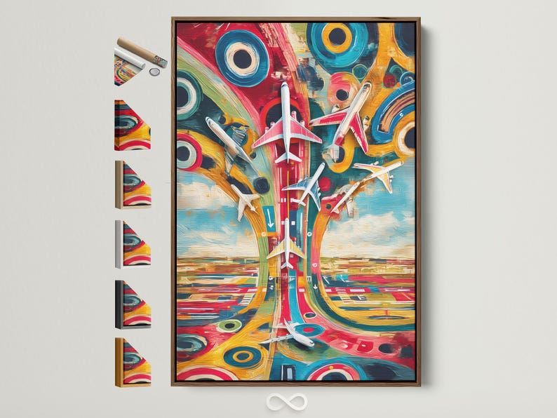 Colourful retro aviation artwork with white airplanes over a teal and pink city background