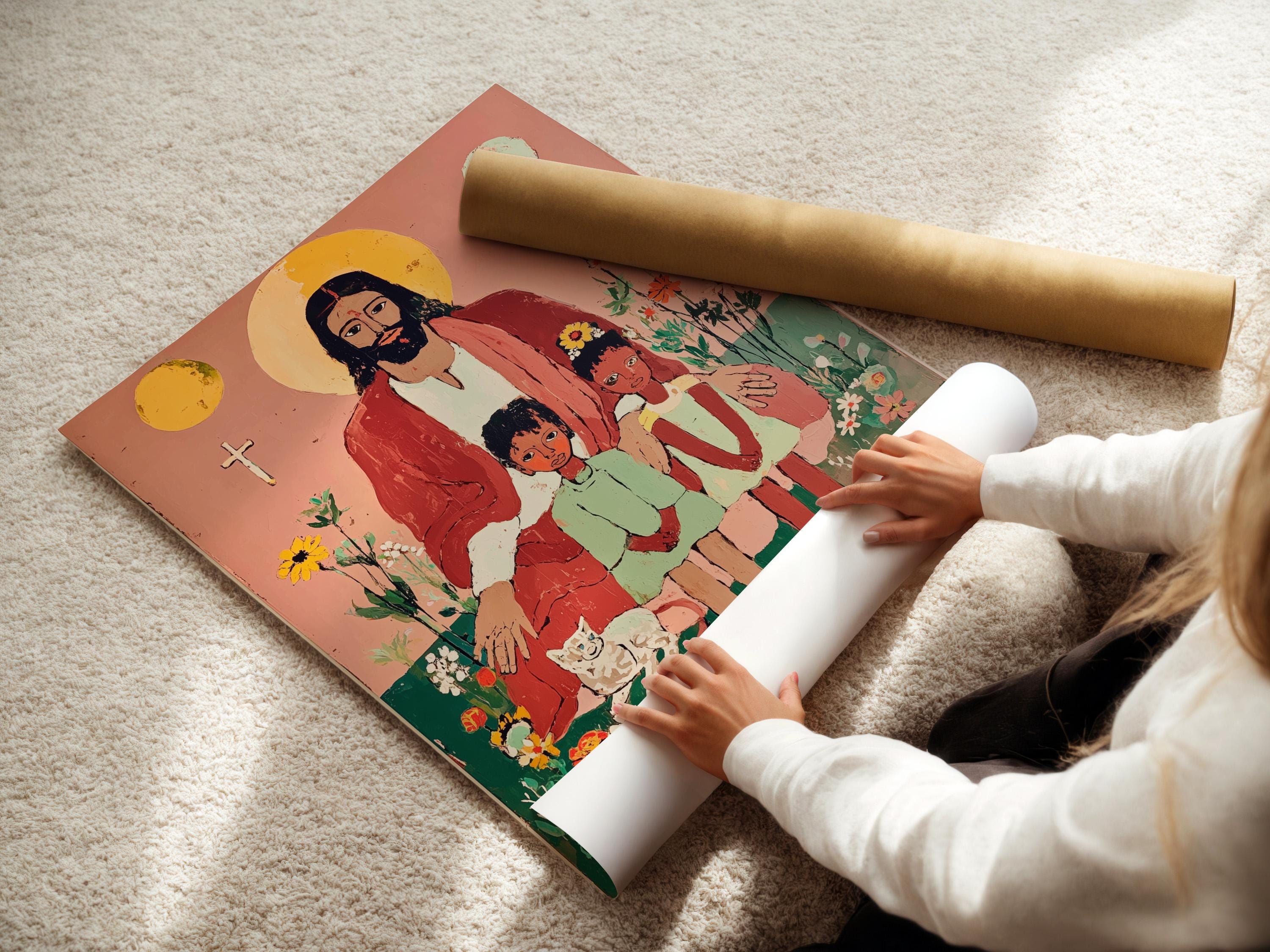 Folk-art illustration of Jesus with a pale halo, two children, and many flowers on a dusty pink background detail view