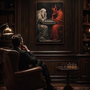 Chess Master Canvas Print - Devil vs Angel Wall Art, Medieval Fantasy Art for Study Room Decor