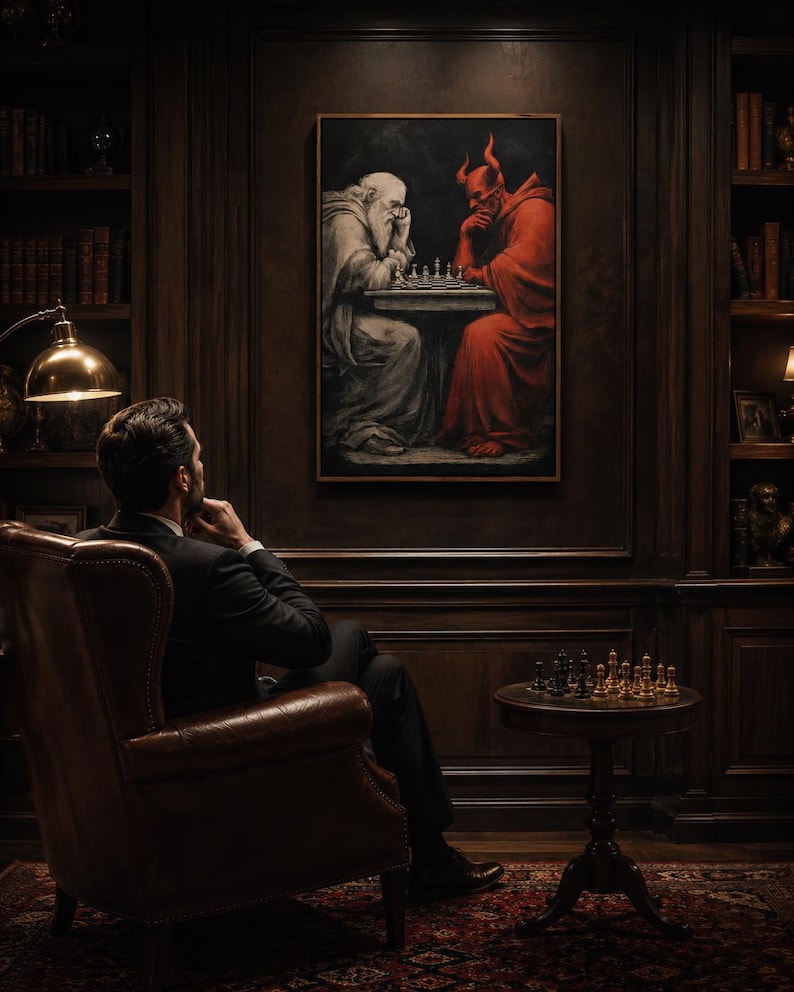 Chess duel scene with a pale angel-like figure facing a red horned devil over chess pieces