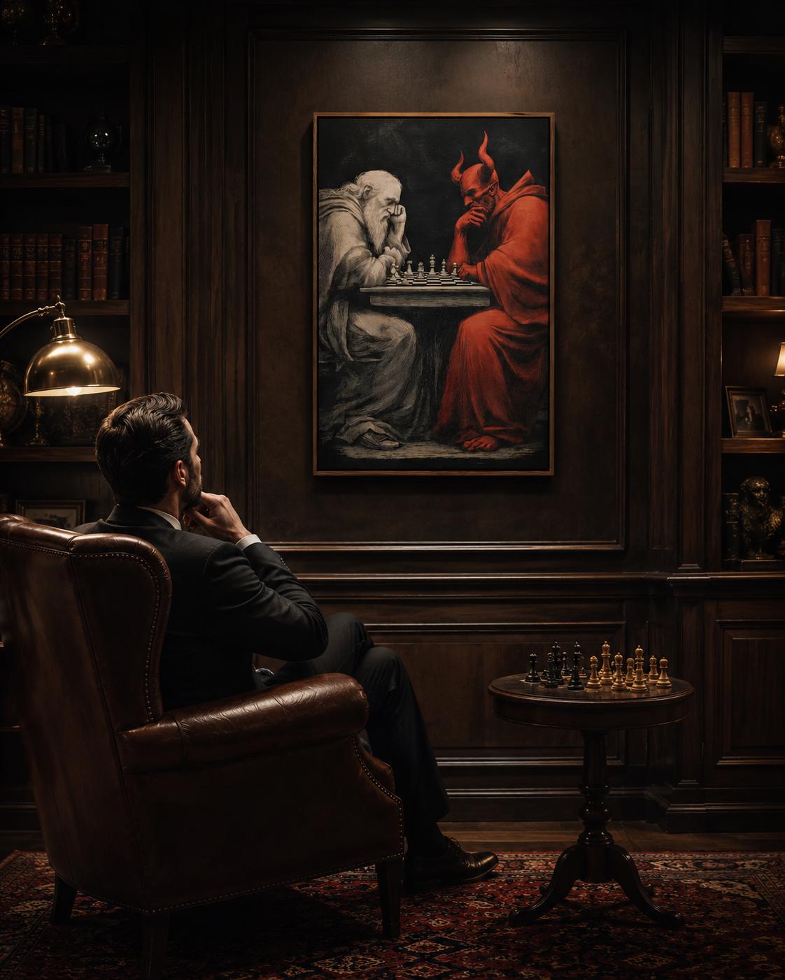 Chess duel scene with a pale angel-like figure facing a red horned devil over chess pieces