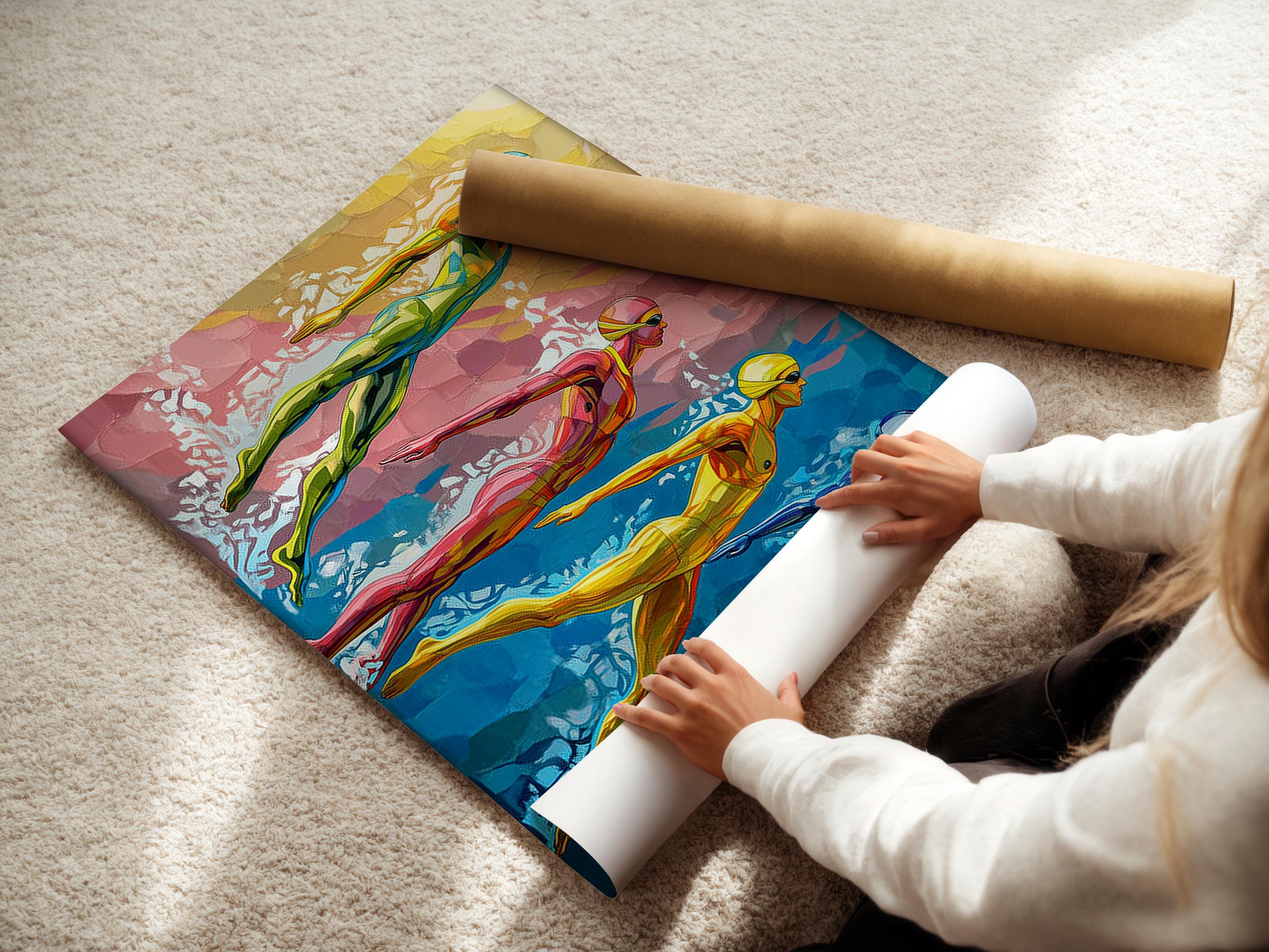 Room mockup showing a framed swimmer artwork on a light wall