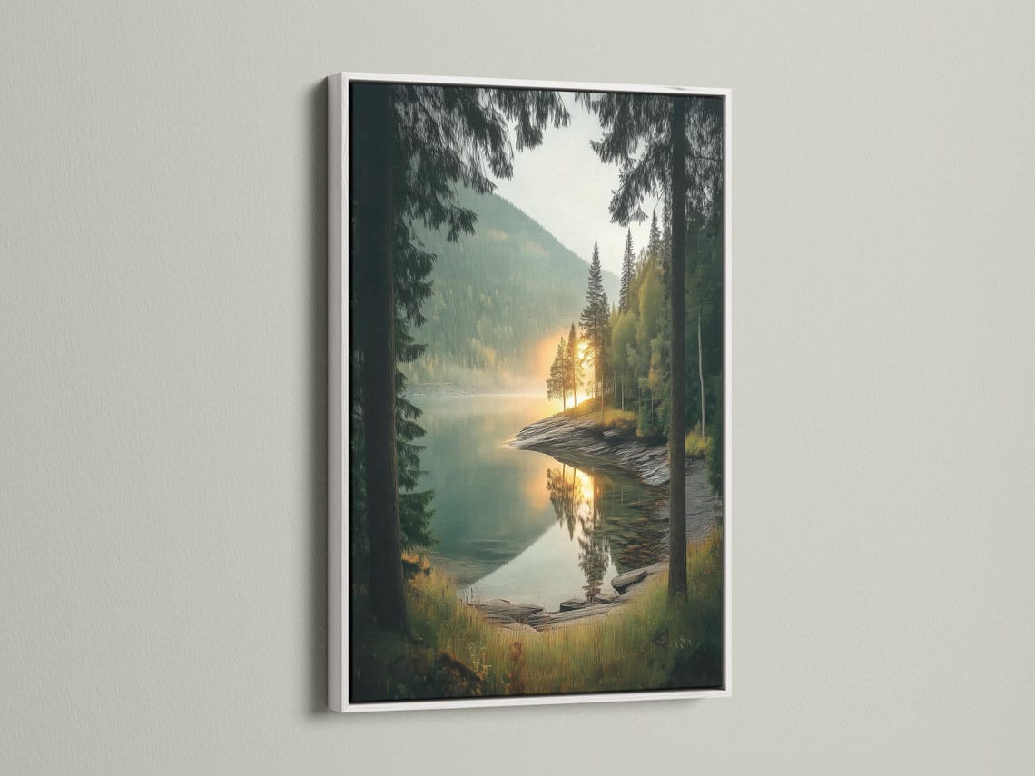 Landscape artwork of a misty lake with evergreen trees and sunrise reflections detail view