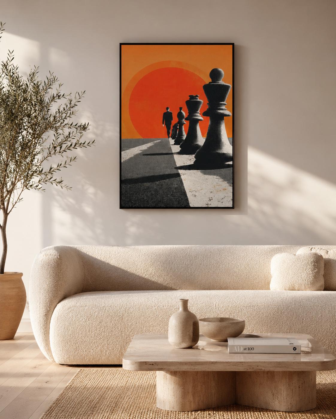 Chess wall art in an office or lounge setting with warm lighting