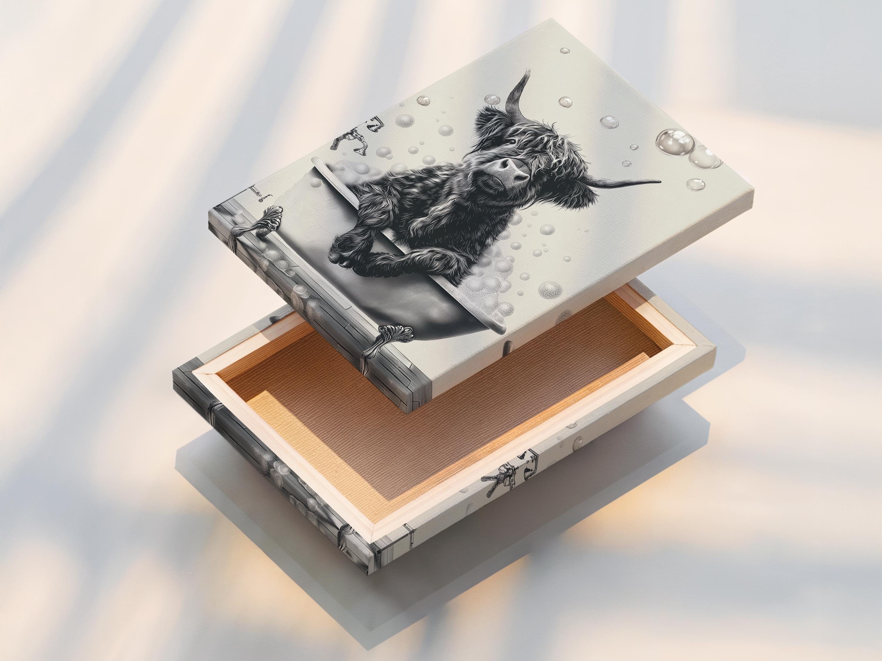 Woman holding a mug standing beside a framed monochrome highland cow bathtub artwork