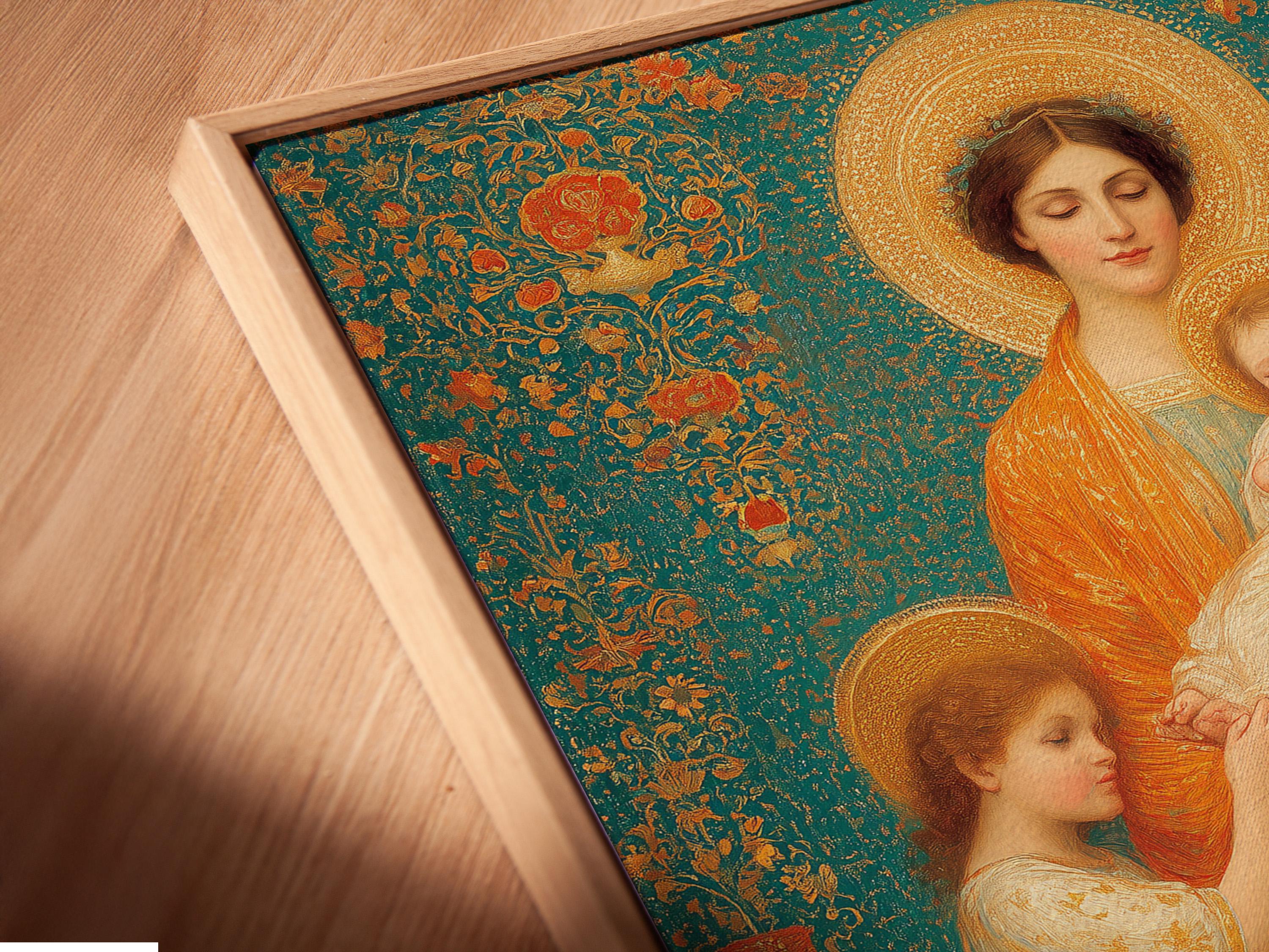 Portrait artwork mockup of a framed Madonna and child scene with teal floral background