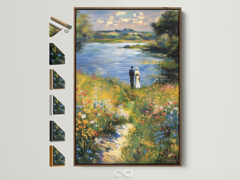 Impressionist lakeside meadow painting with two people standing near the shore and wildflowers