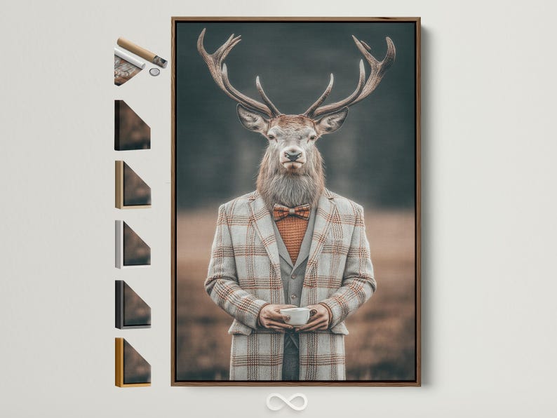 Gentleman deer portrait with antlers wearing a grey plaid suit, bow tie and holding a cup