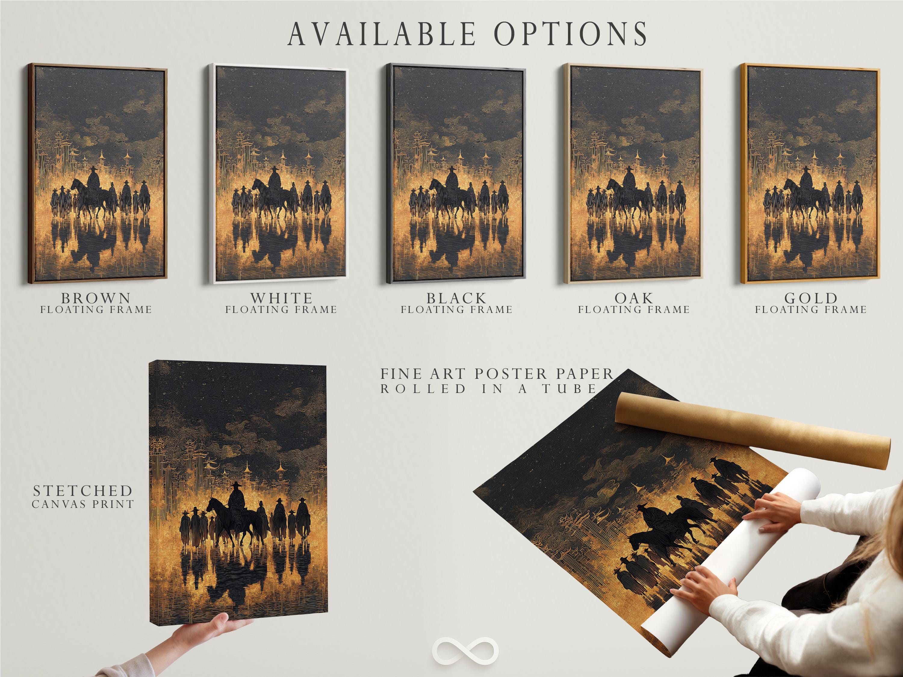 Cowboy riders on horseback in dark silhouettes with a black and gold skyline backdrop detail view