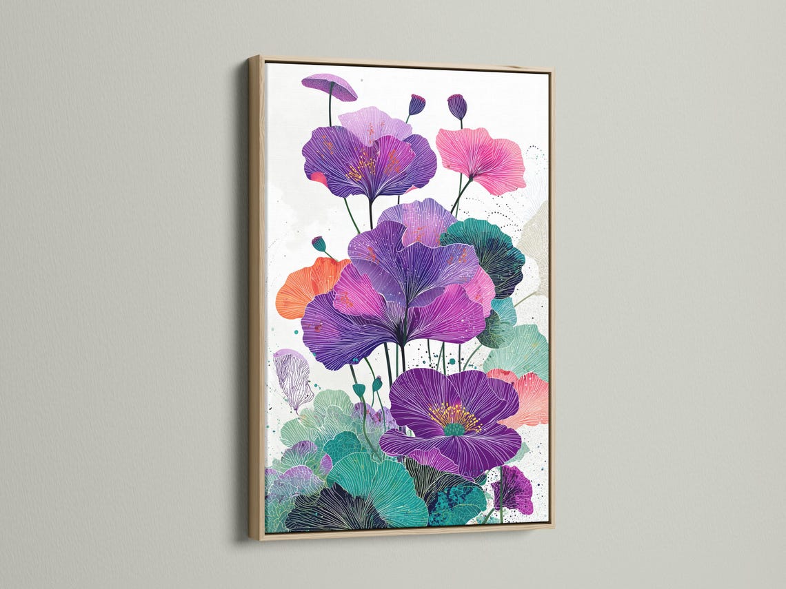 Botanical wall art showing purple flowers with teal leaves and pink accents in a framed layout