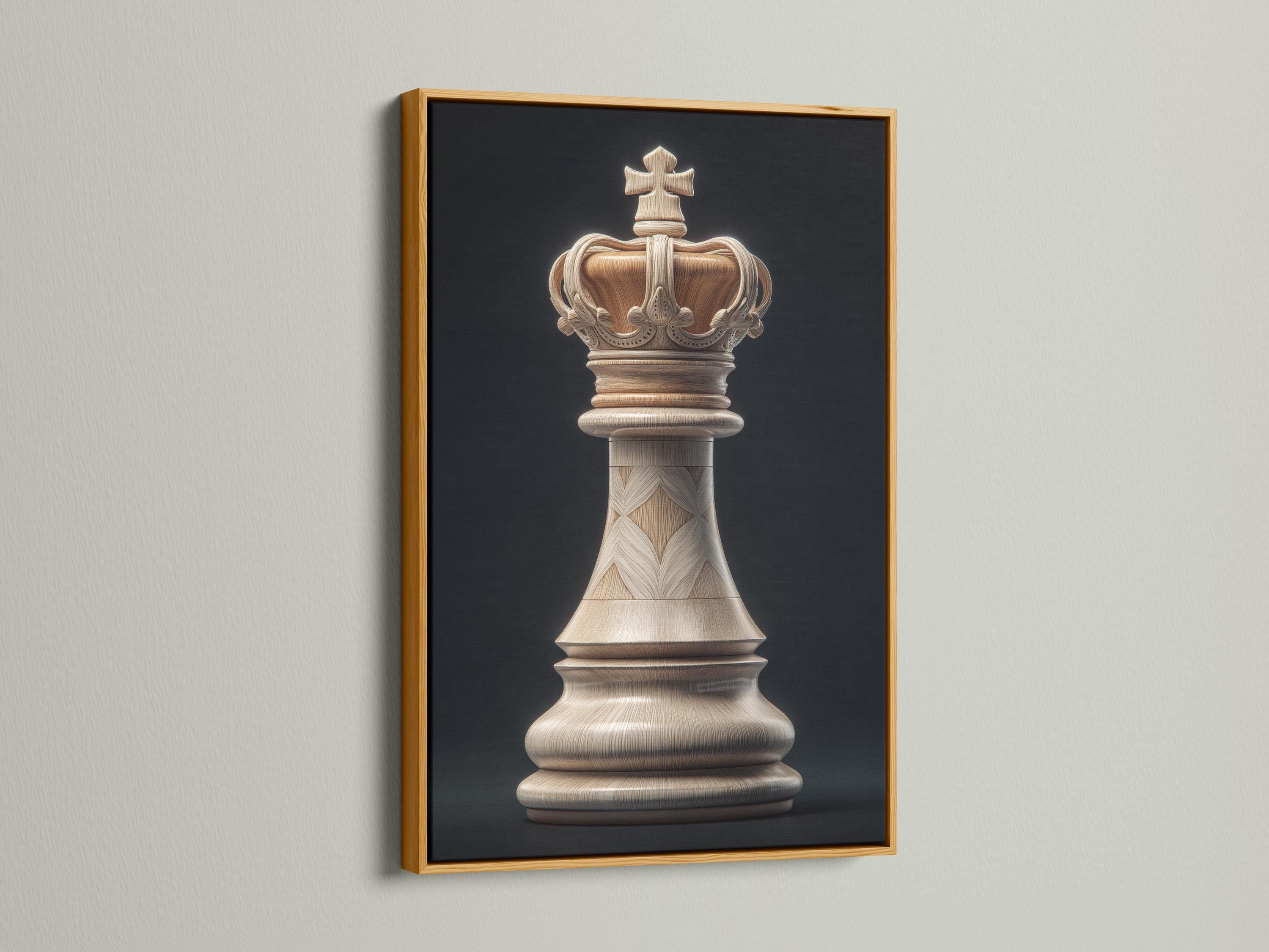 Portrait artwork of a pale wood-textured chess king on a dark charcoal background detail view