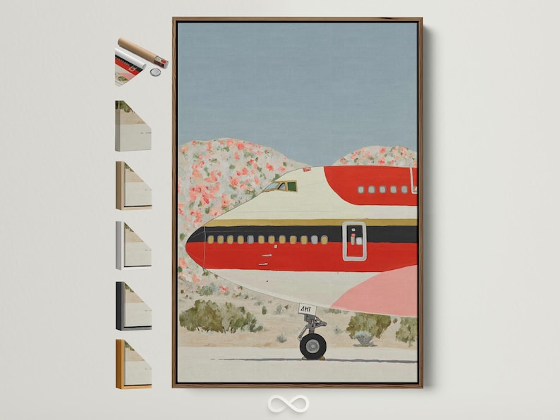 Red retro airplane illustration over a pastel landscape with floral details
