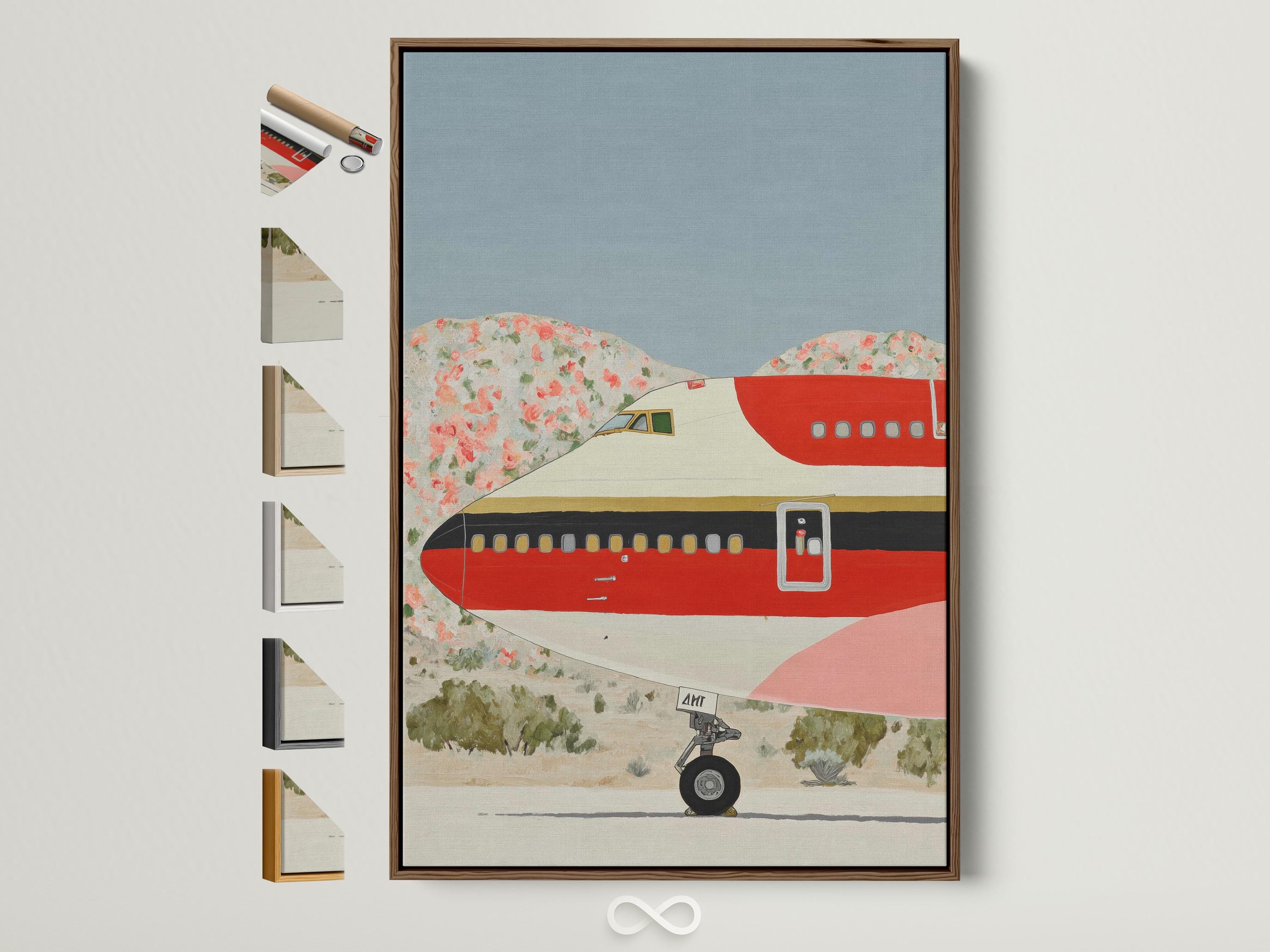 Red retro airplane illustration over a pastel landscape with floral details