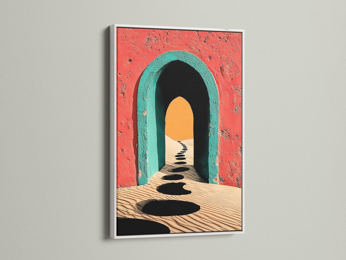 Illustrated coral-red and teal archway with sandy desert path and dark stone shapes detail view