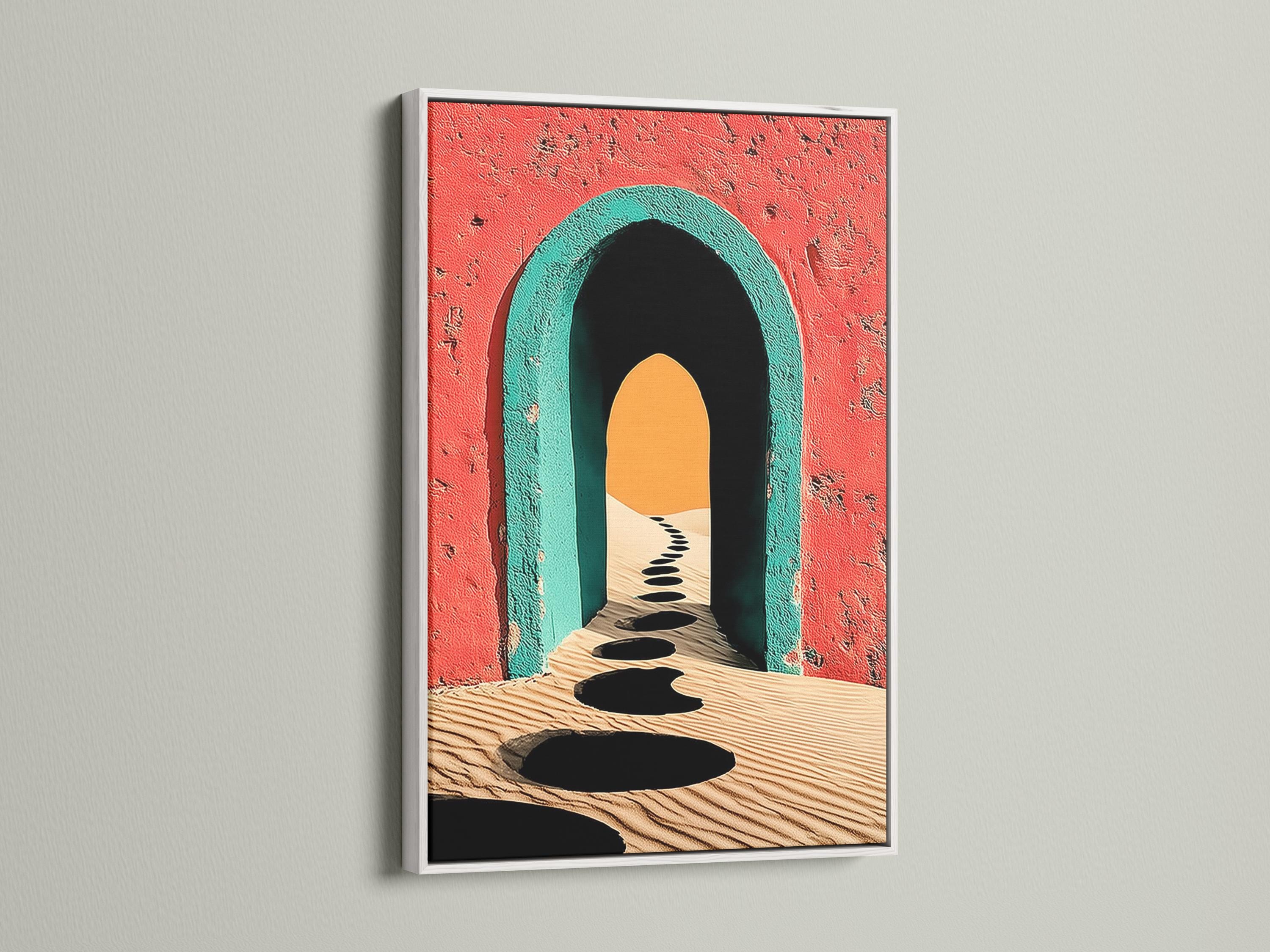 Illustrated coral-red and teal archway with sandy desert path and dark stone shapes detail view