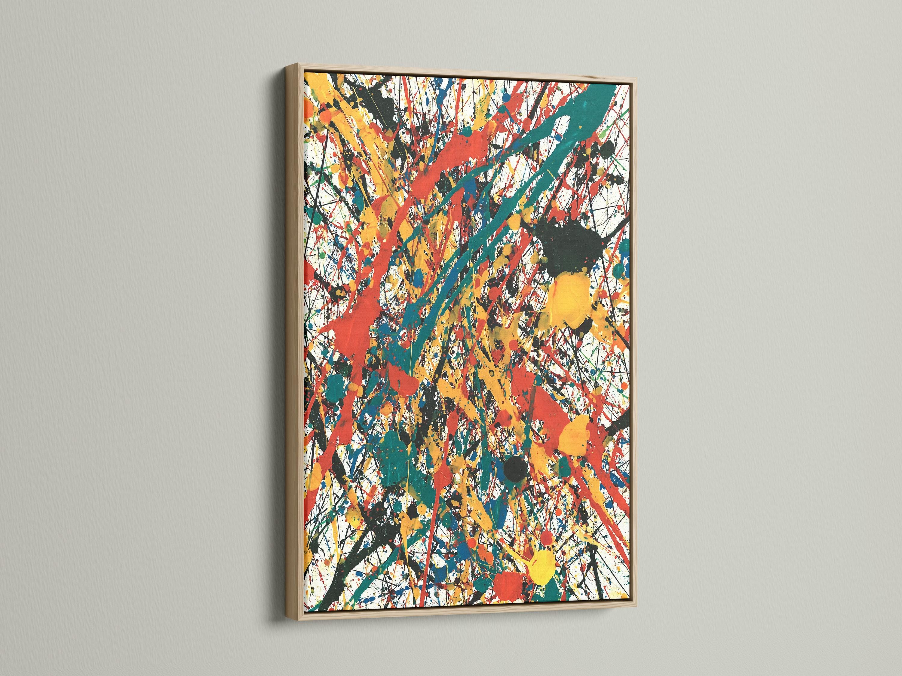 Room mockup showing an abstract expressionist artwork with red, teal, yellow and black splatters