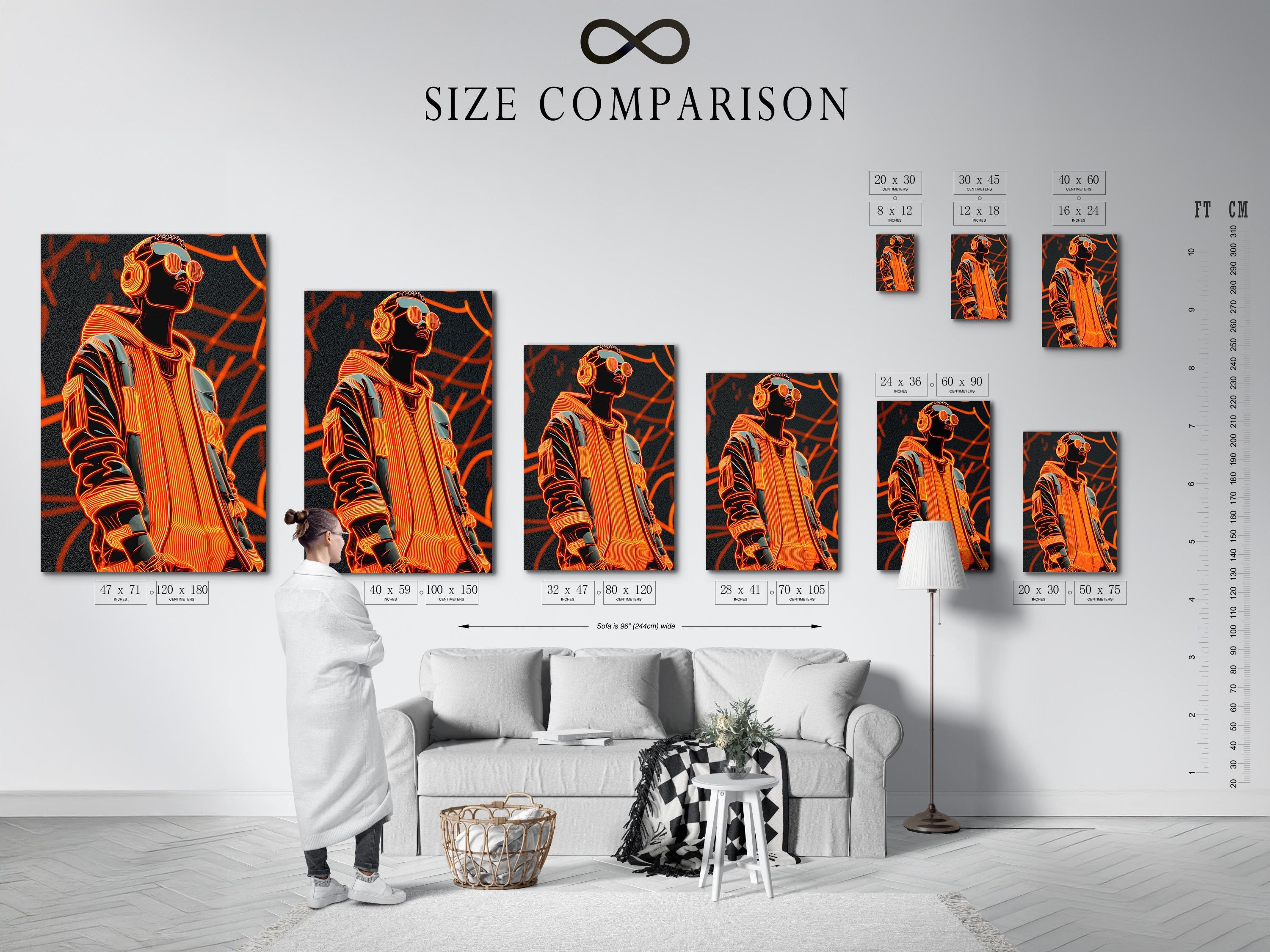 Portrait artwork mockup on a wall with dark grey and neon orange colours