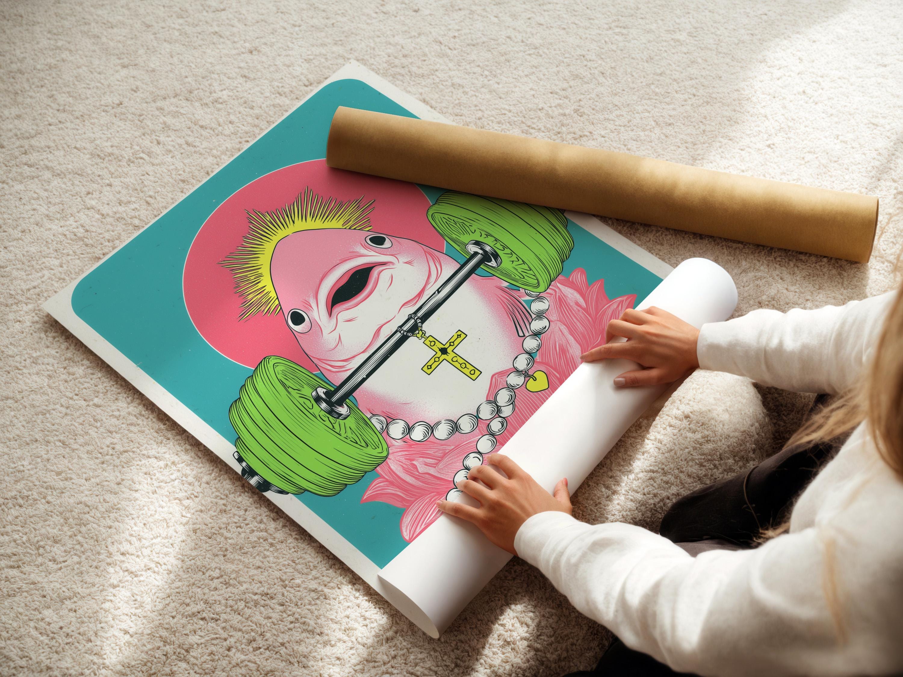 Pop surreal illustration of a pink fish weightlifter holding a barbell with a lotus and yellow cross detail view
