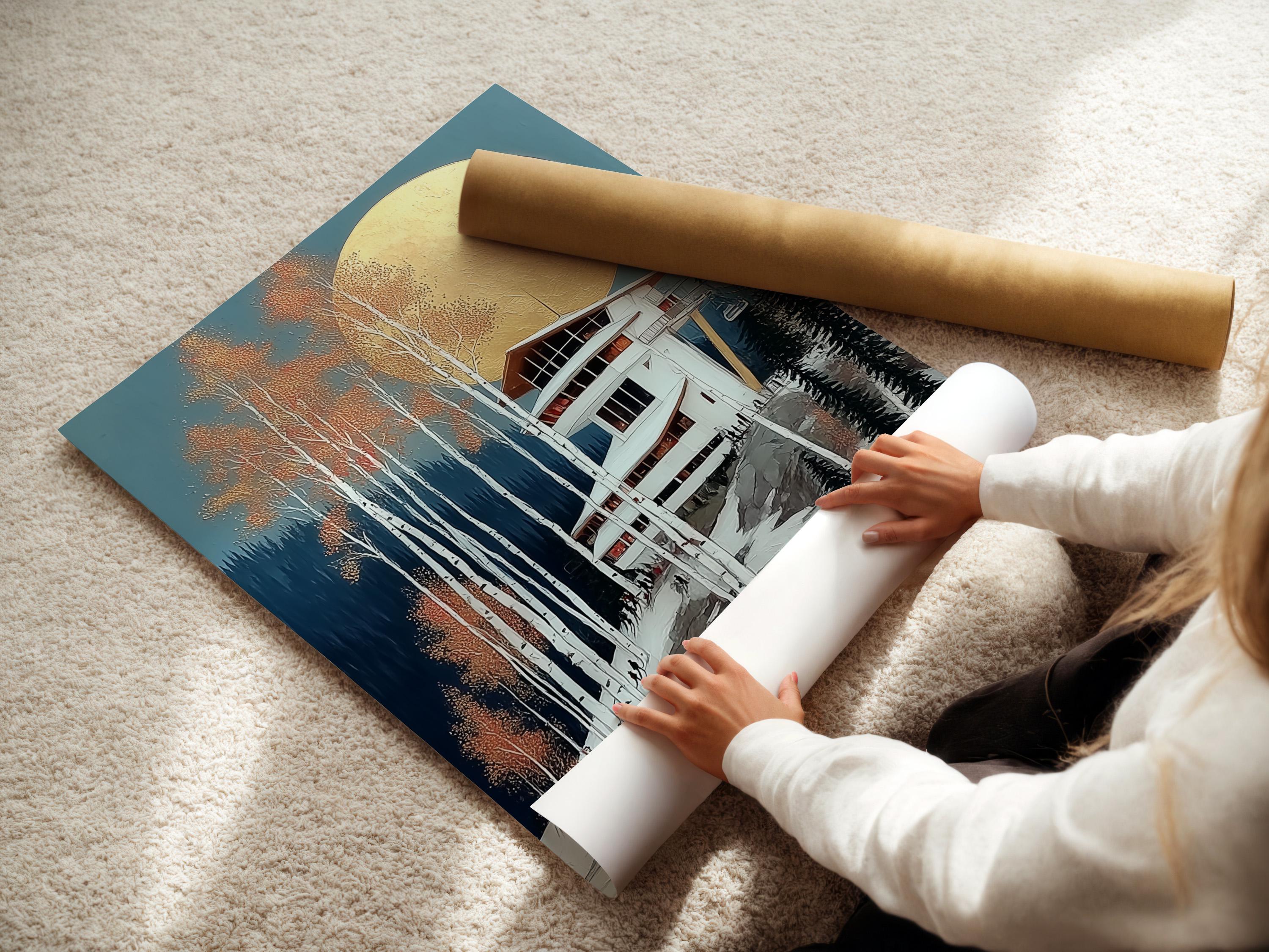 Winter ski lodge scene with a gold moon, snowy trees and a cabin detail view