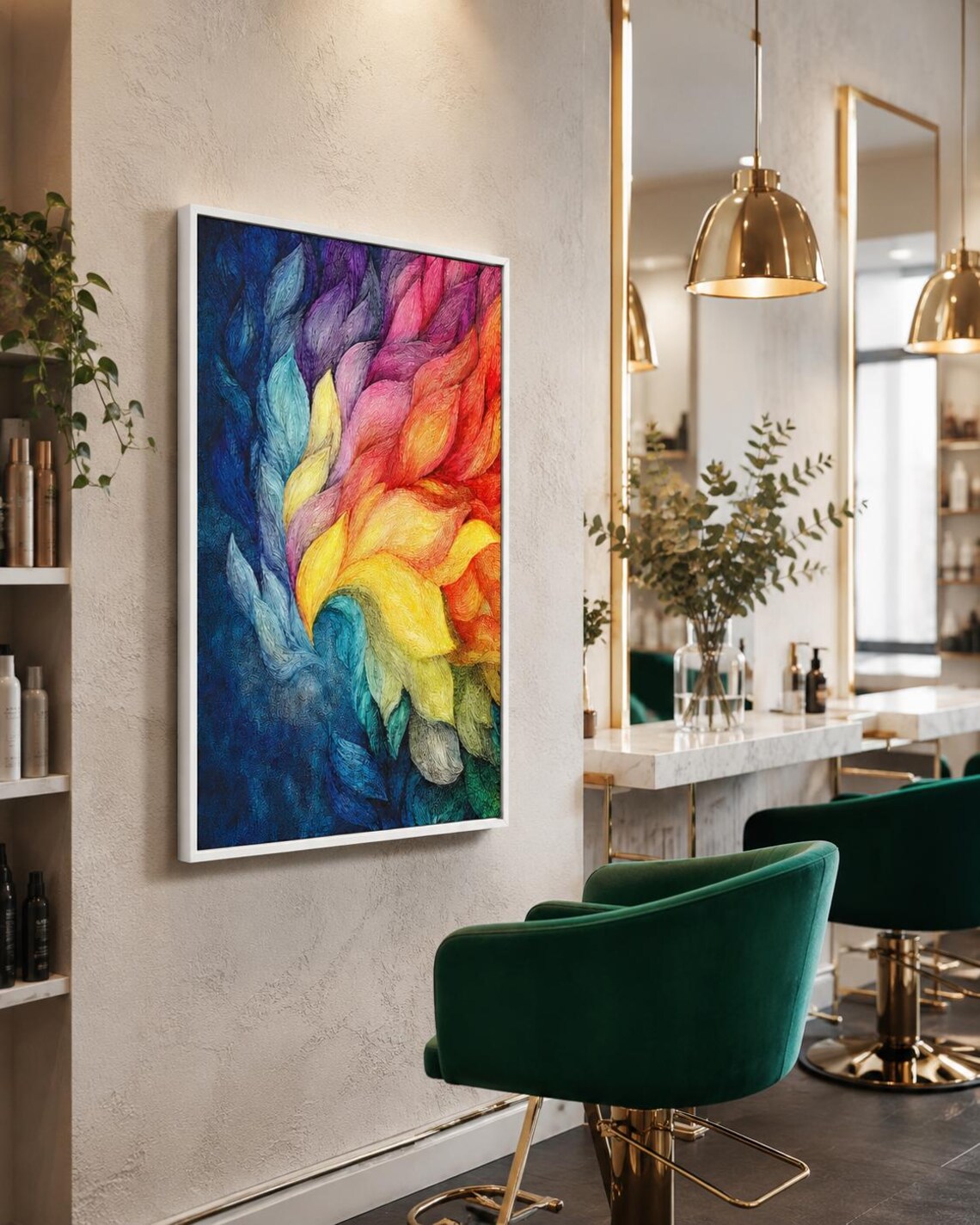 Person standing beside a framed rainbow abstract artwork in a bright room
