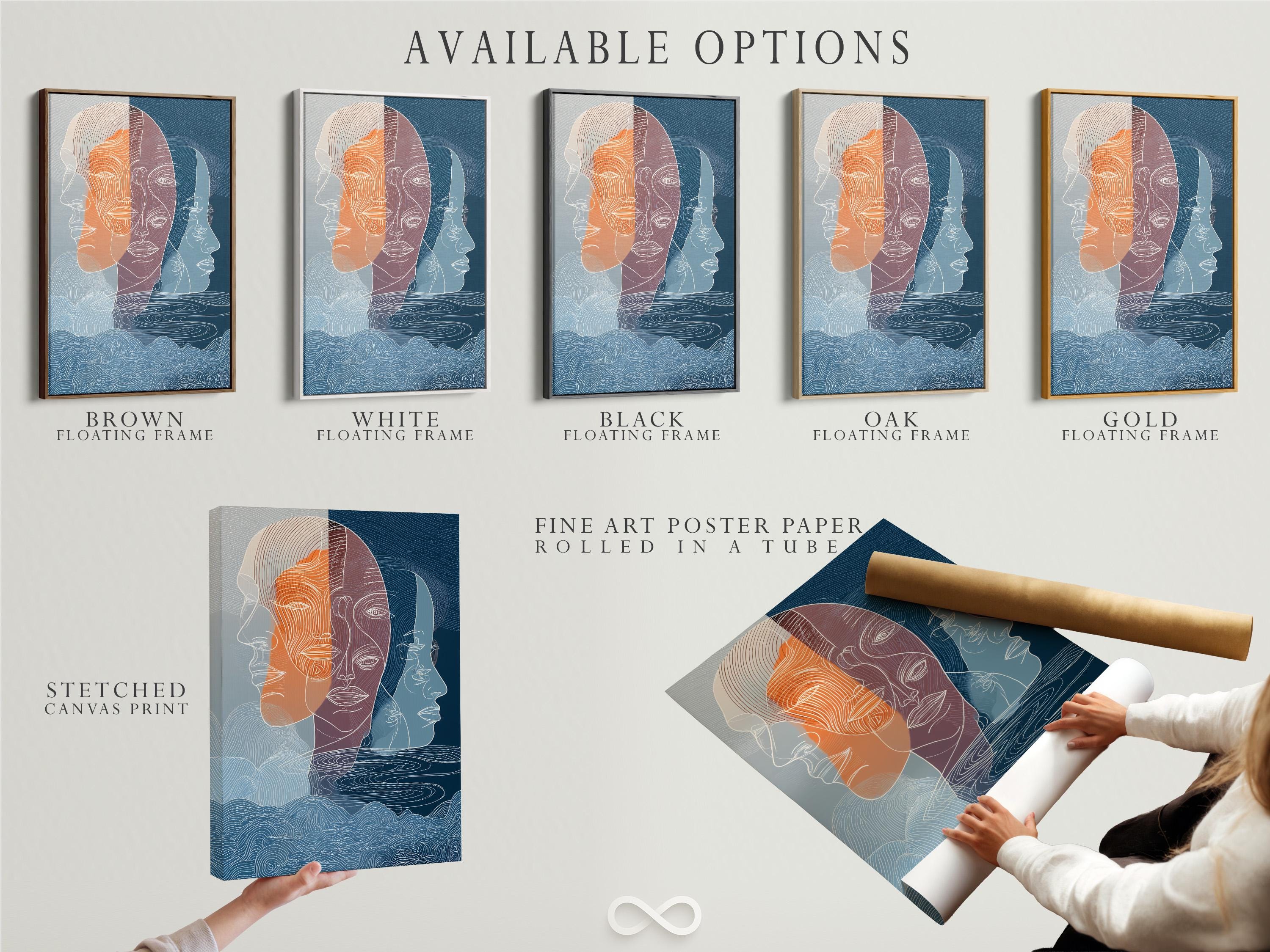 A pair of abstract line-illustrated faces fills the centre, layered in indigo, teal and warm terracotta/orange with flowing contour lines detail view