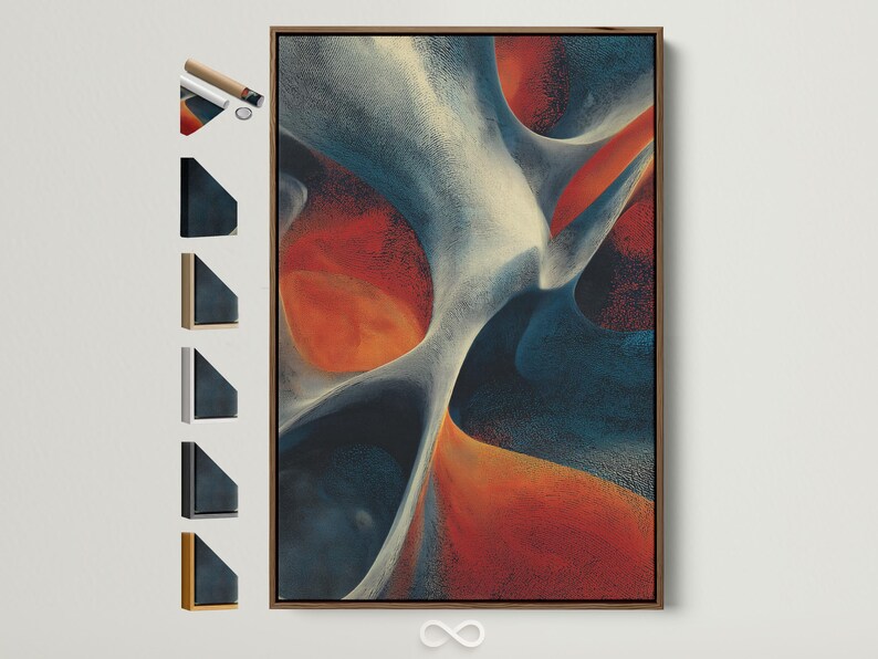 Abstract artwork with cream flowing curves and teal, navy, orange and red textured shapes