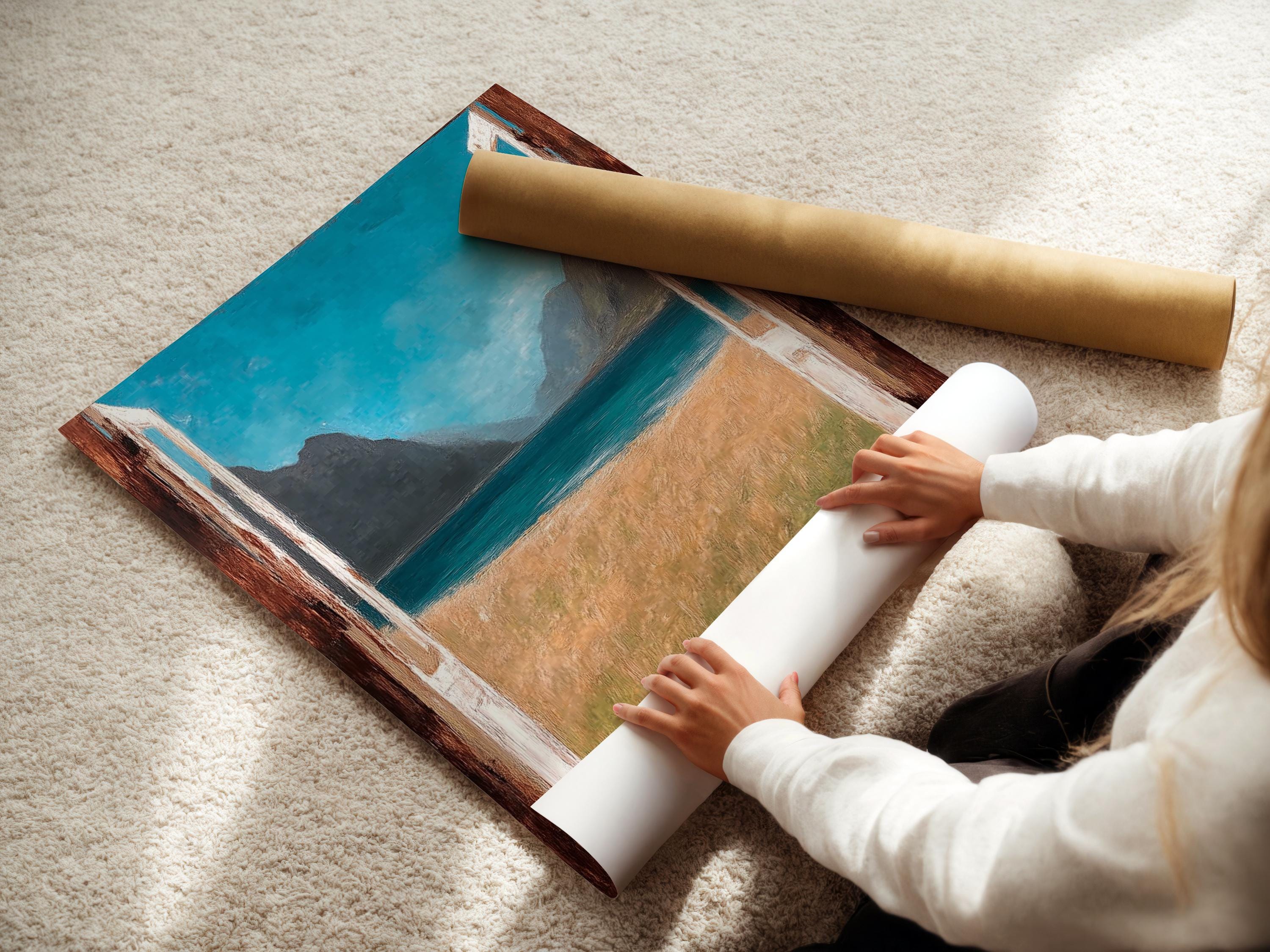 Room mockup showing a framed doorway seascape artwork with turquoise sea and mountains